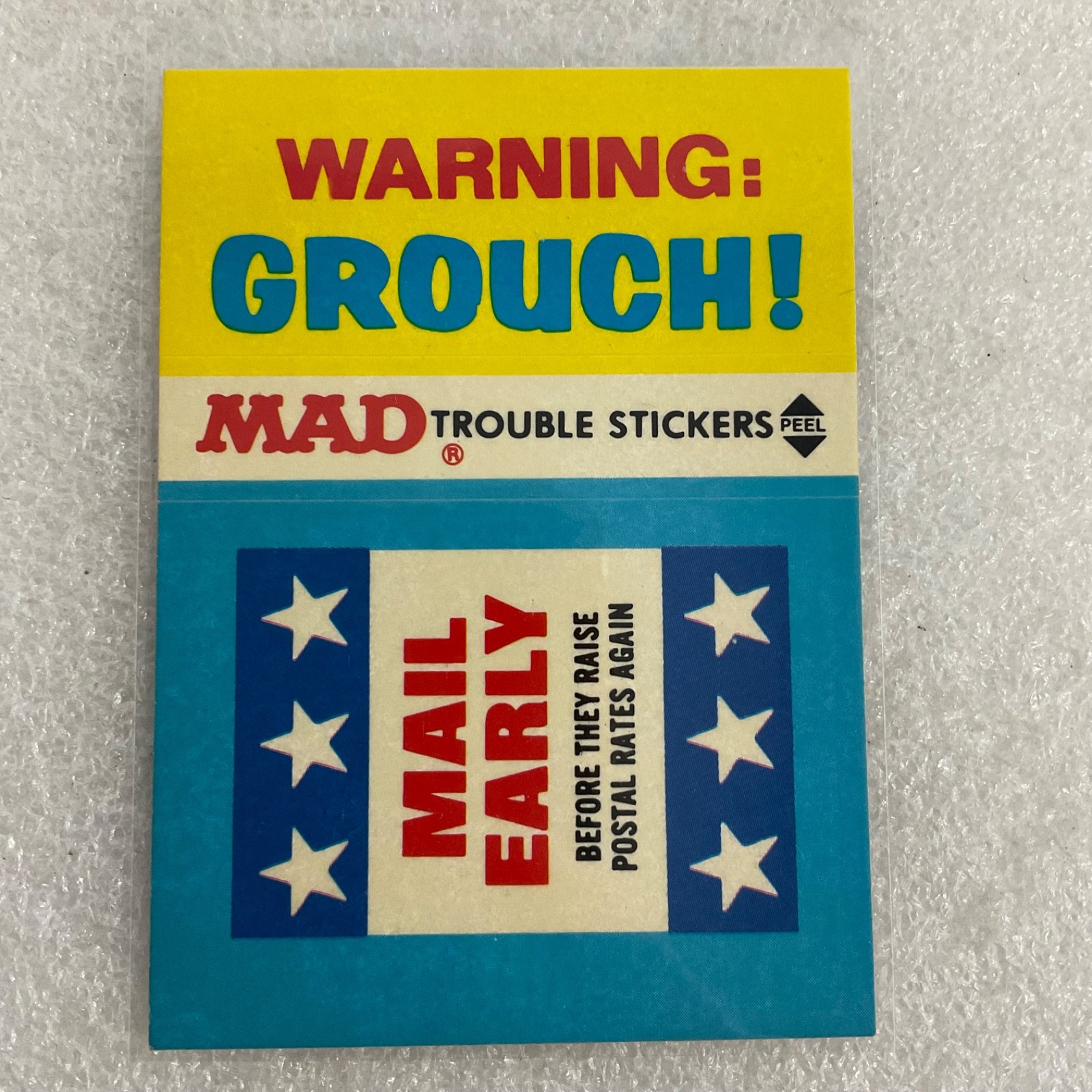 1983 MAD Trouble Stickers Fleer Warning Grouch Mail Early Sticker Card - Image 1