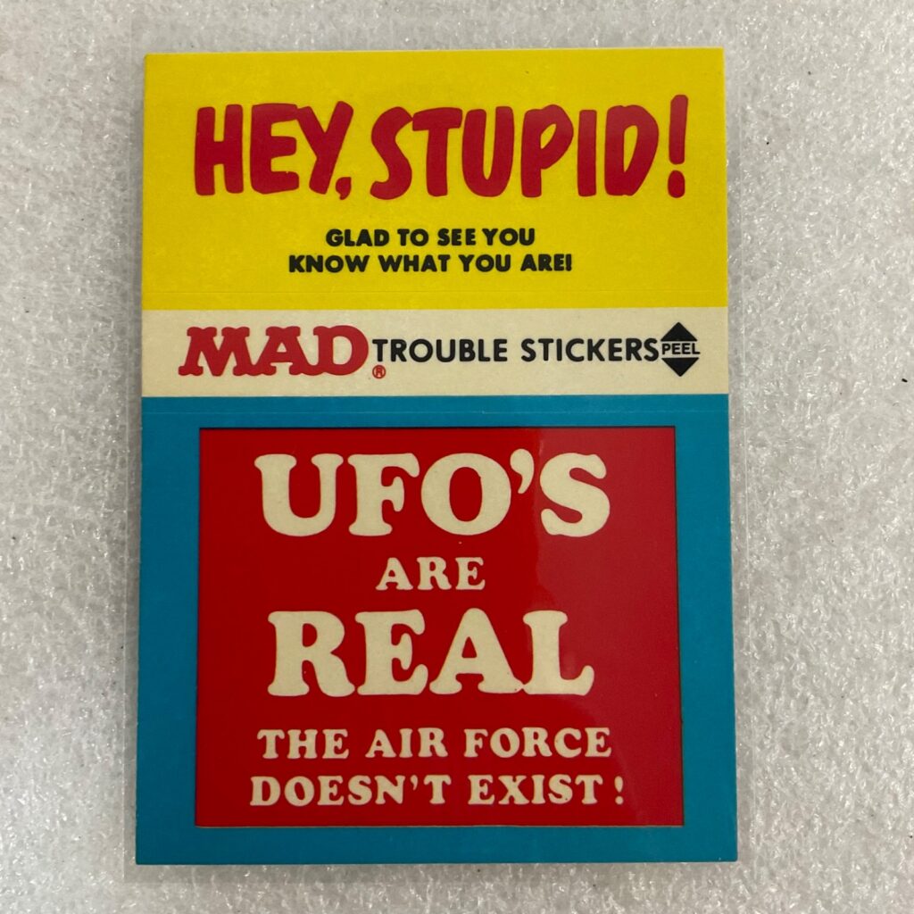 1983 MAD Trouble Stickers Fleer UFOs Are Real Sticker Card - Image 1
