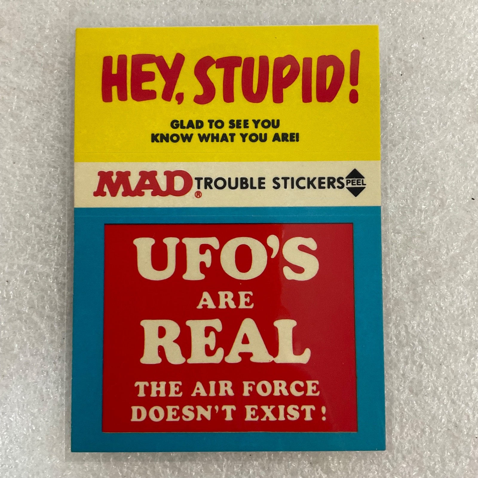 1983 MAD Trouble Stickers Fleer UFOs Are Real Sticker Card - Image 1