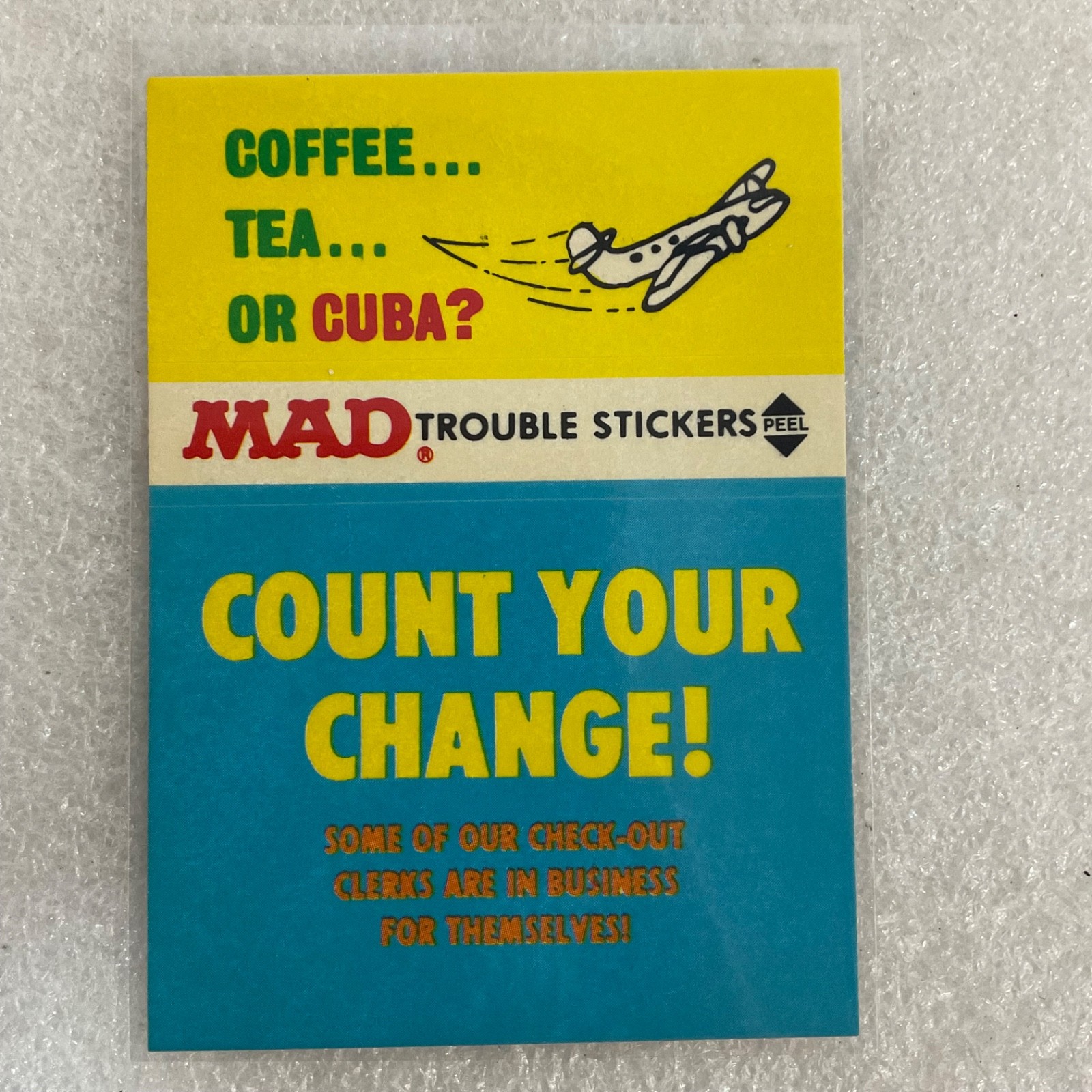 1983 MAD Trouble Stickers Fleer Coffee Tea Cuba Sticker Card - Image 1