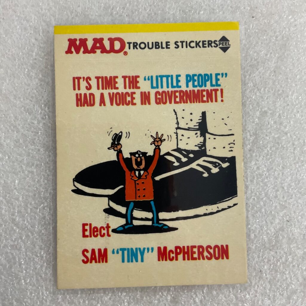 1983 MAD Trouble Stickers Fleer Sam Tiny McPherson Sticker Card - Image 1