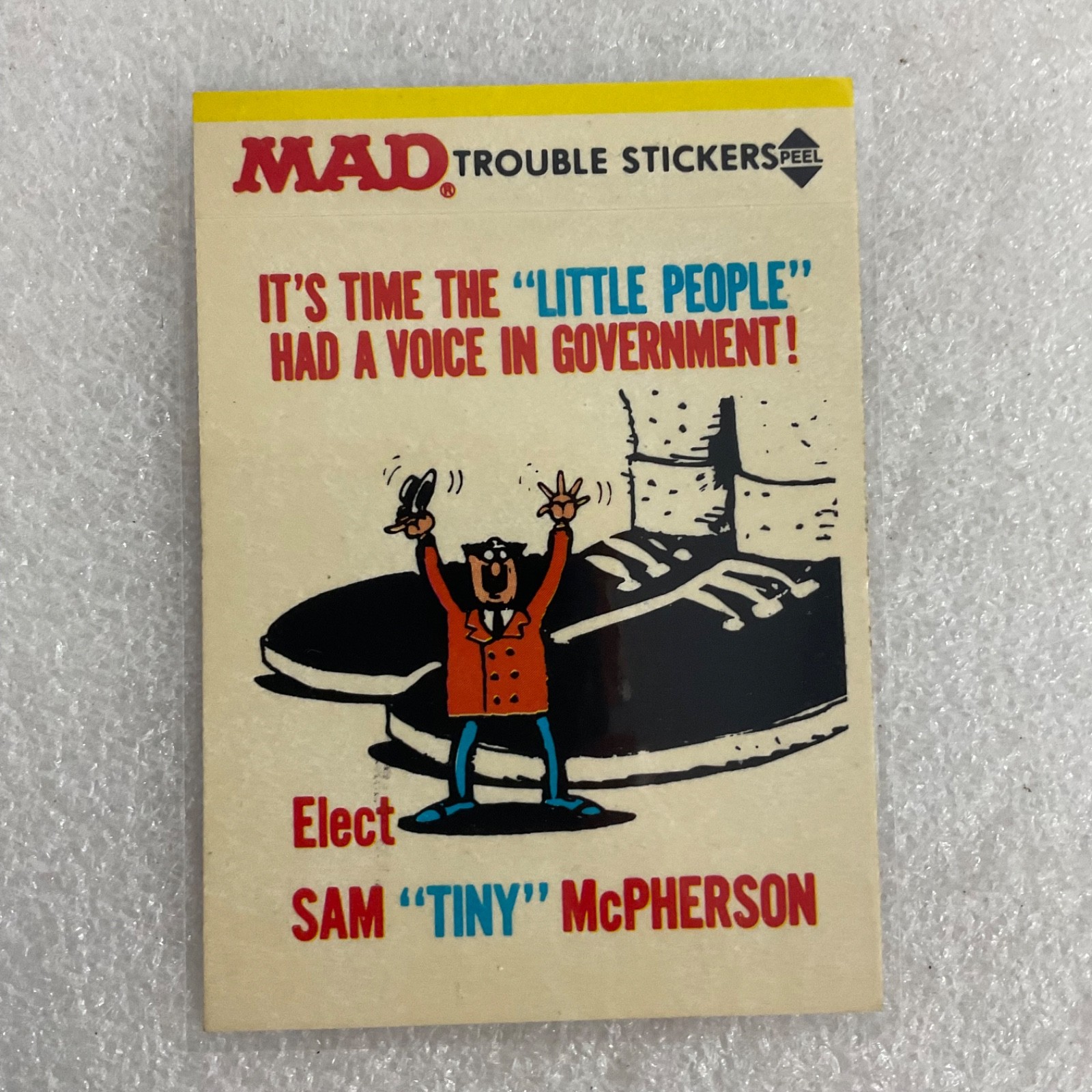 1983 MAD Trouble Stickers Fleer Sam Tiny McPherson Sticker Card - Image 1