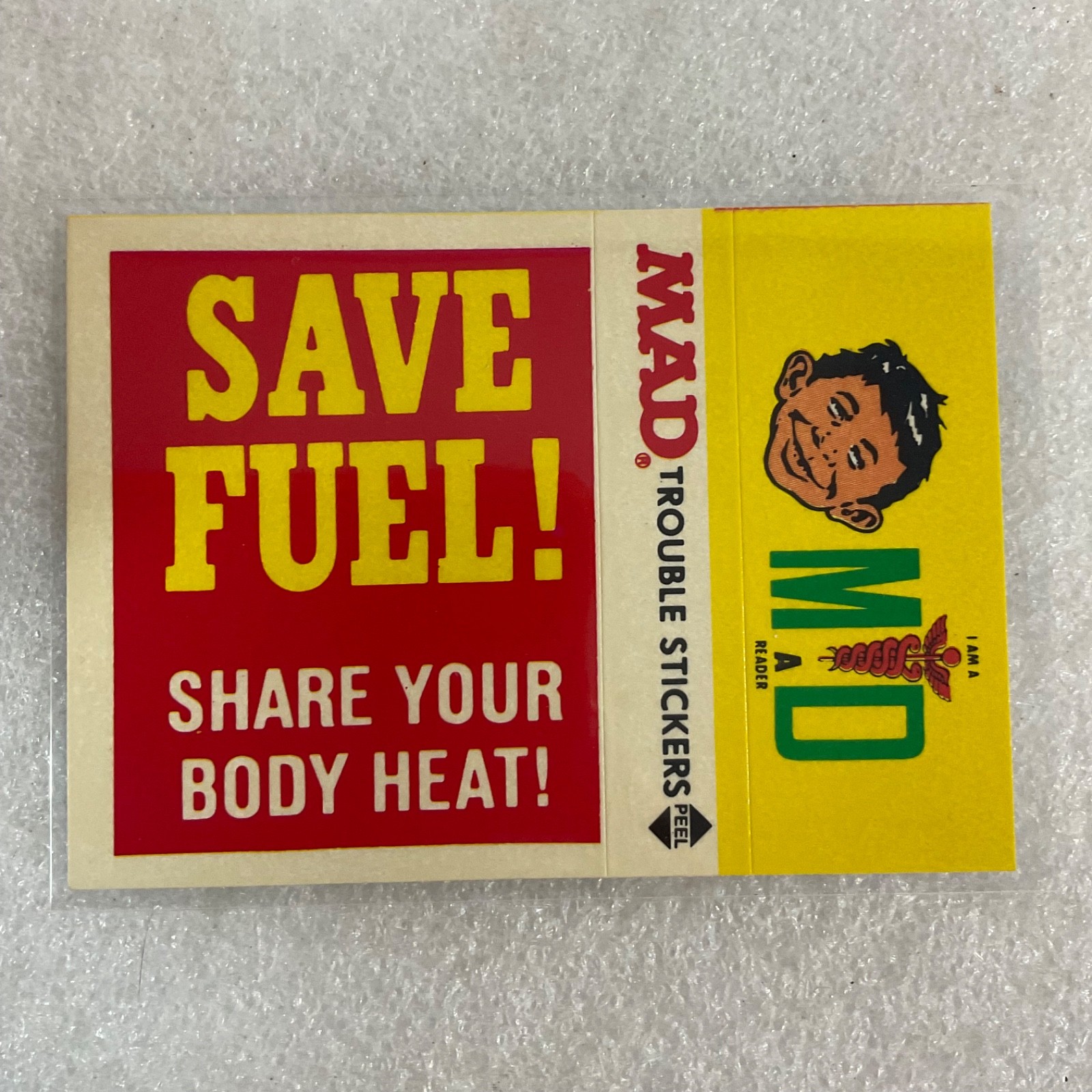 1983 MAD Trouble Stickers Fleer Save Fuel Vintage Sticker Card - Image 2