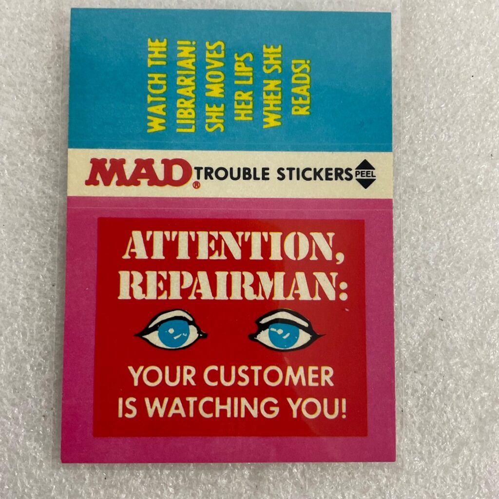 1983 MAD Trouble Stickers Fleer Repairman Customer Sticker Card - Image 1