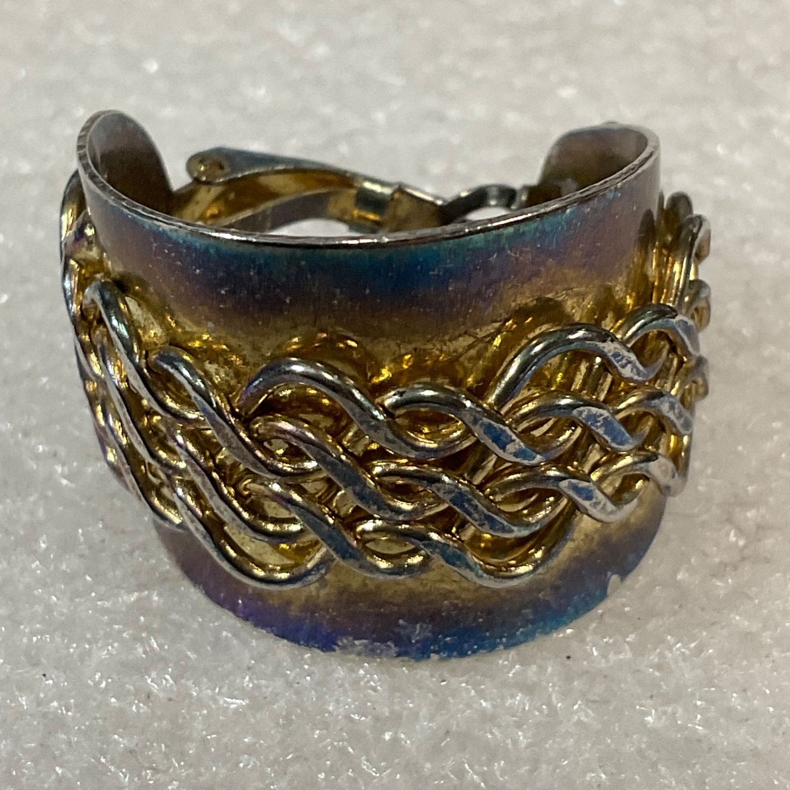 Vintage Wide Band Adjustable Ring Size 11 Gold Silver Tone Braided Celtic Design - Image 1