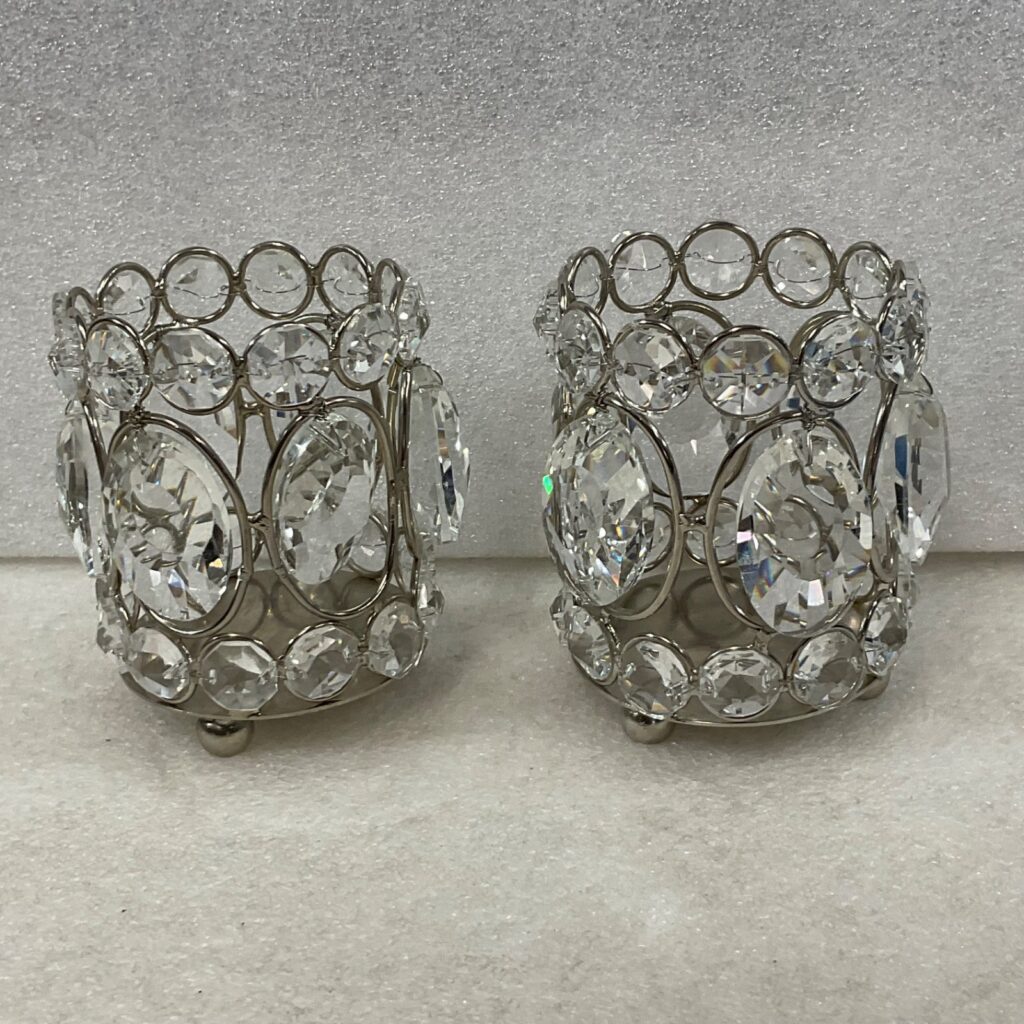 Pair Clear Faceted Tealight Candle Holders Silver Tone 3 in - Image 1