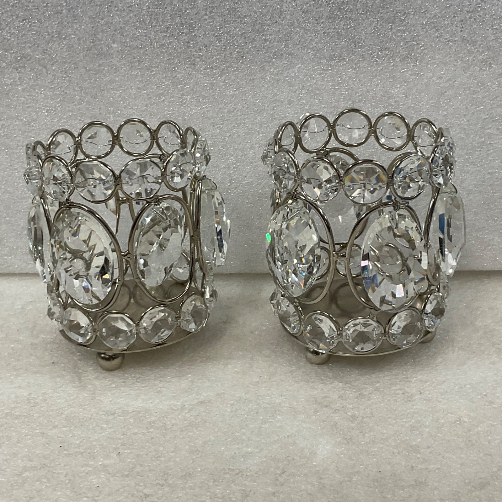 Pair Clear Faceted Tealight Candle Holders Silver Tone 3 in - Image 1