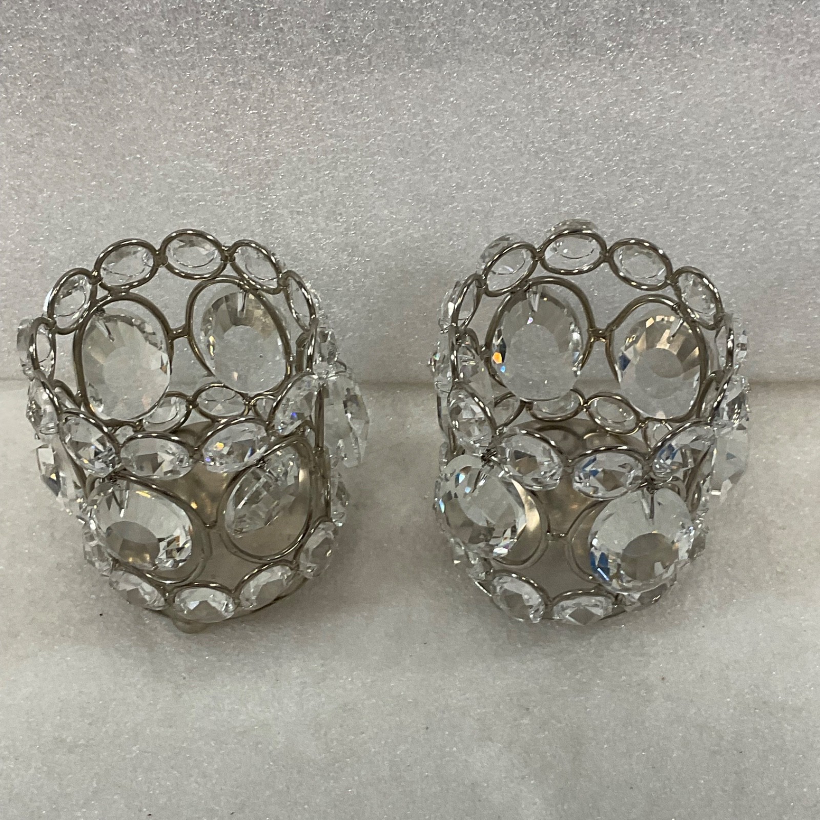 Pair Clear Faceted Tealight Candle Holders Silver Tone 3 in - Image 2