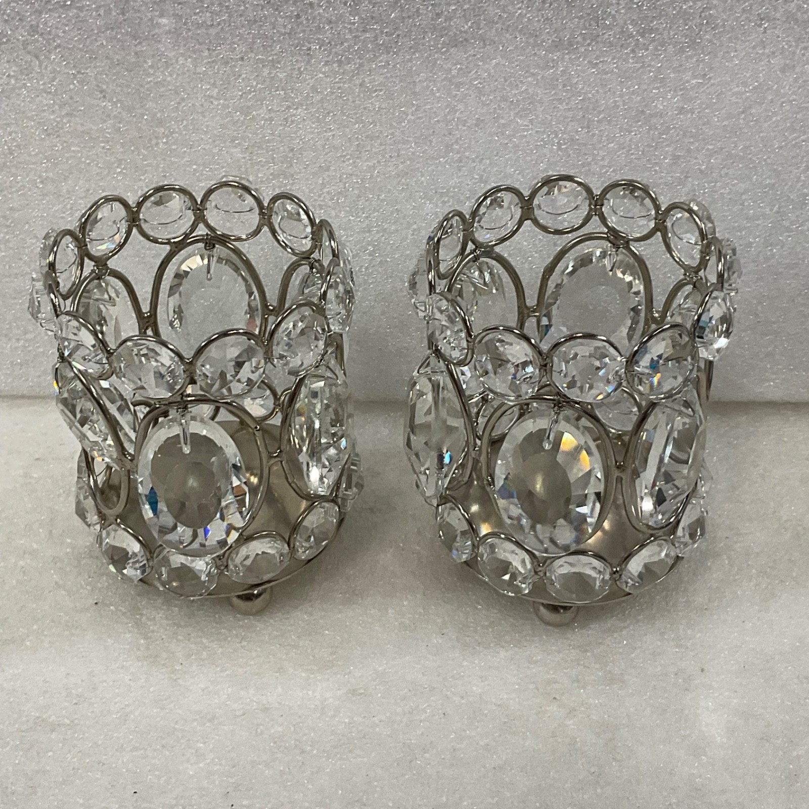 Pair Clear Faceted Tealight Candle Holders Silver Tone 3 in - Image 6