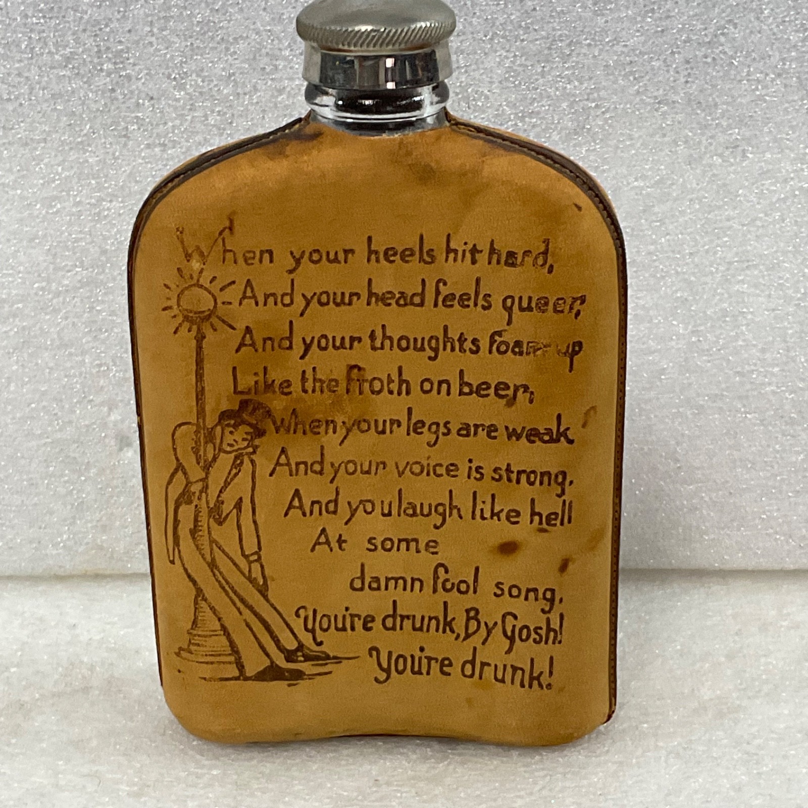 Glass Flask With Leather Cover Drunk Poem Farm Animal Graphics 6 in - Image 2