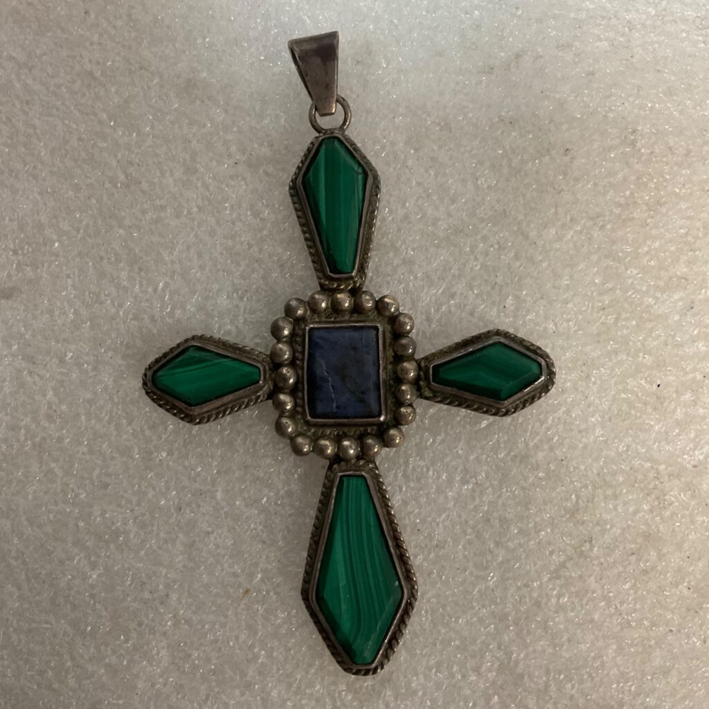 Vintage Sterling Silver .925 Cross Pendant Malachite & Lapis Inlay 24g Signed - Image 1