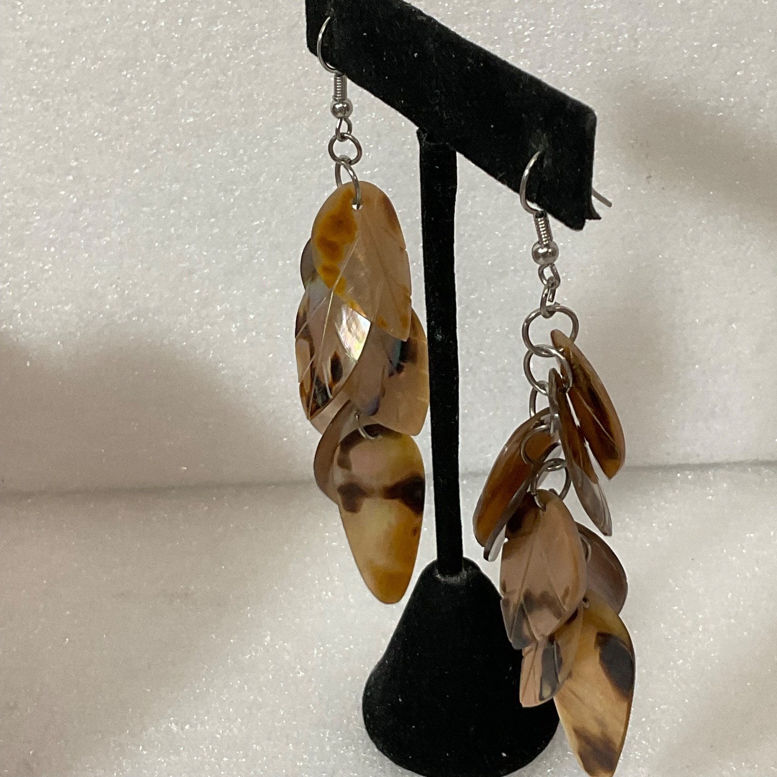 3.25in Brown Mother of Pearl Leaf Dangle Earrings 13.35g Boho Statement Jewelry - Image 2