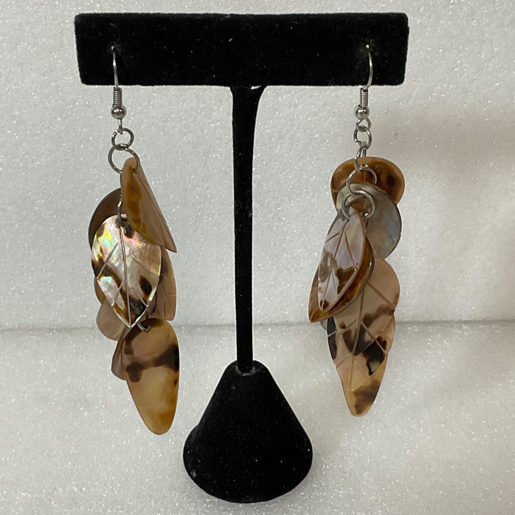 3.25in Brown Mother of Pearl Leaf Dangle Earrings 13.35g Boho Statement Jewelry - Image 1