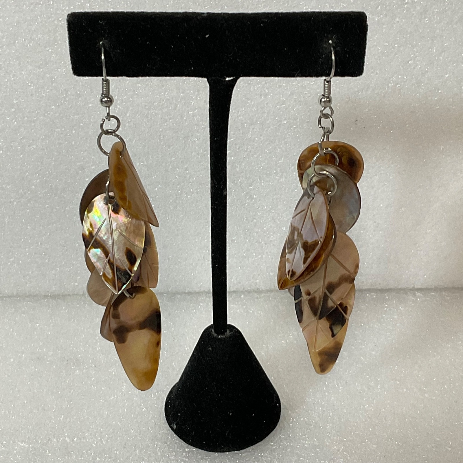 3.25in Brown Mother of Pearl Leaf Dangle Earrings 13.35g Boho Statement Jewelry - Image 1