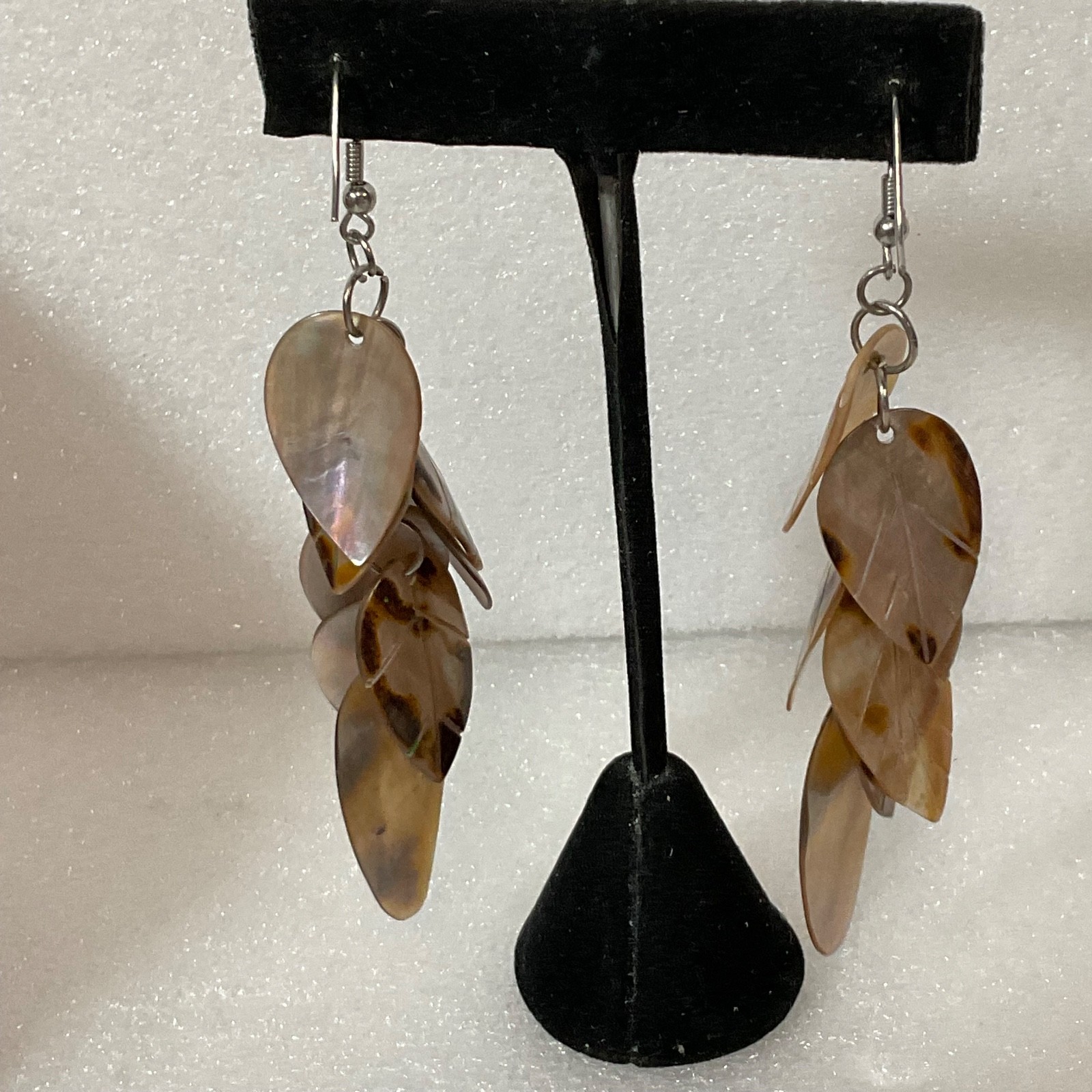 3.25in Brown Mother of Pearl Leaf Dangle Earrings 13.35g Boho Statement Jewelry - Image 4