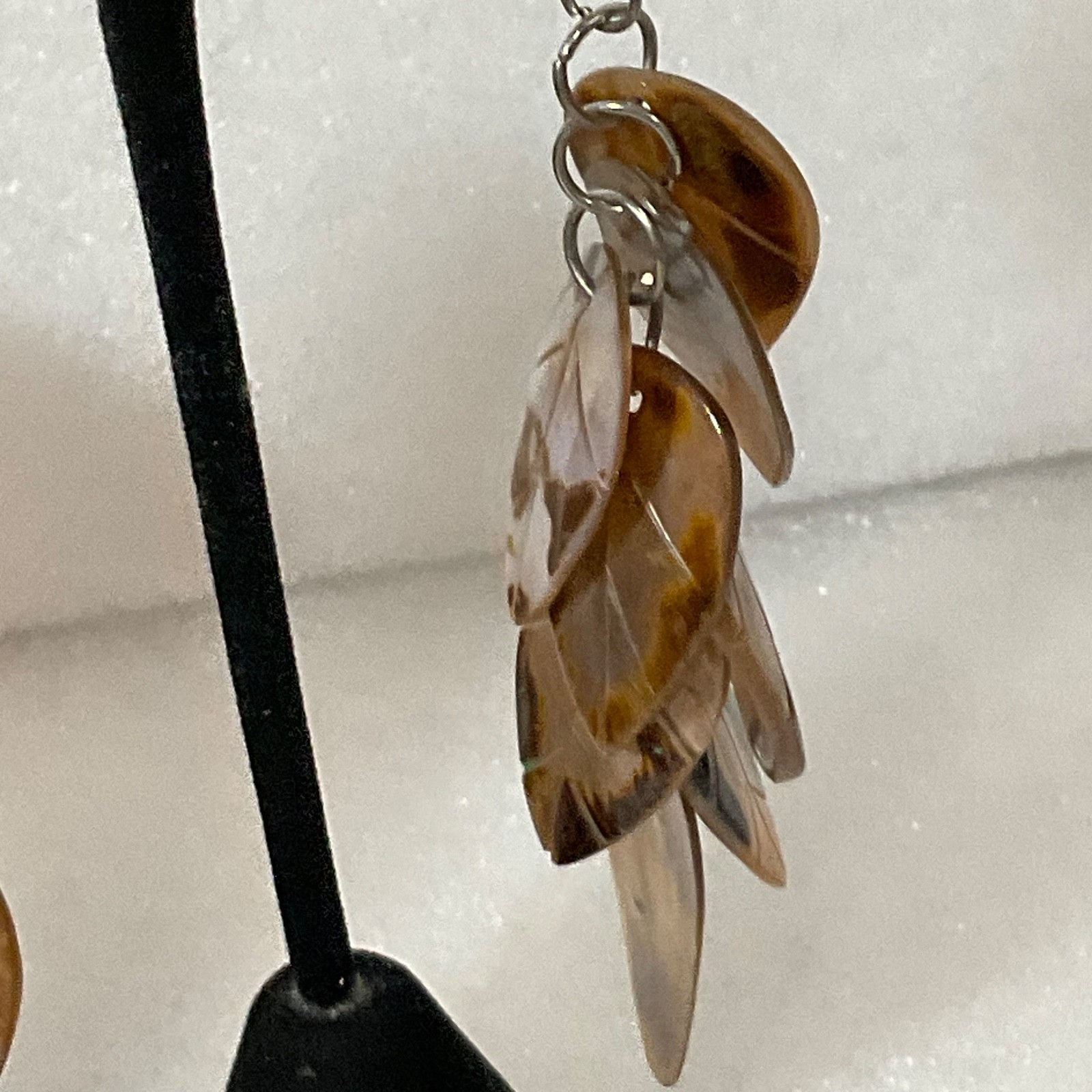 3.25in Brown Mother of Pearl Leaf Dangle Earrings 13.35g Boho Statement Jewelry - Image 7