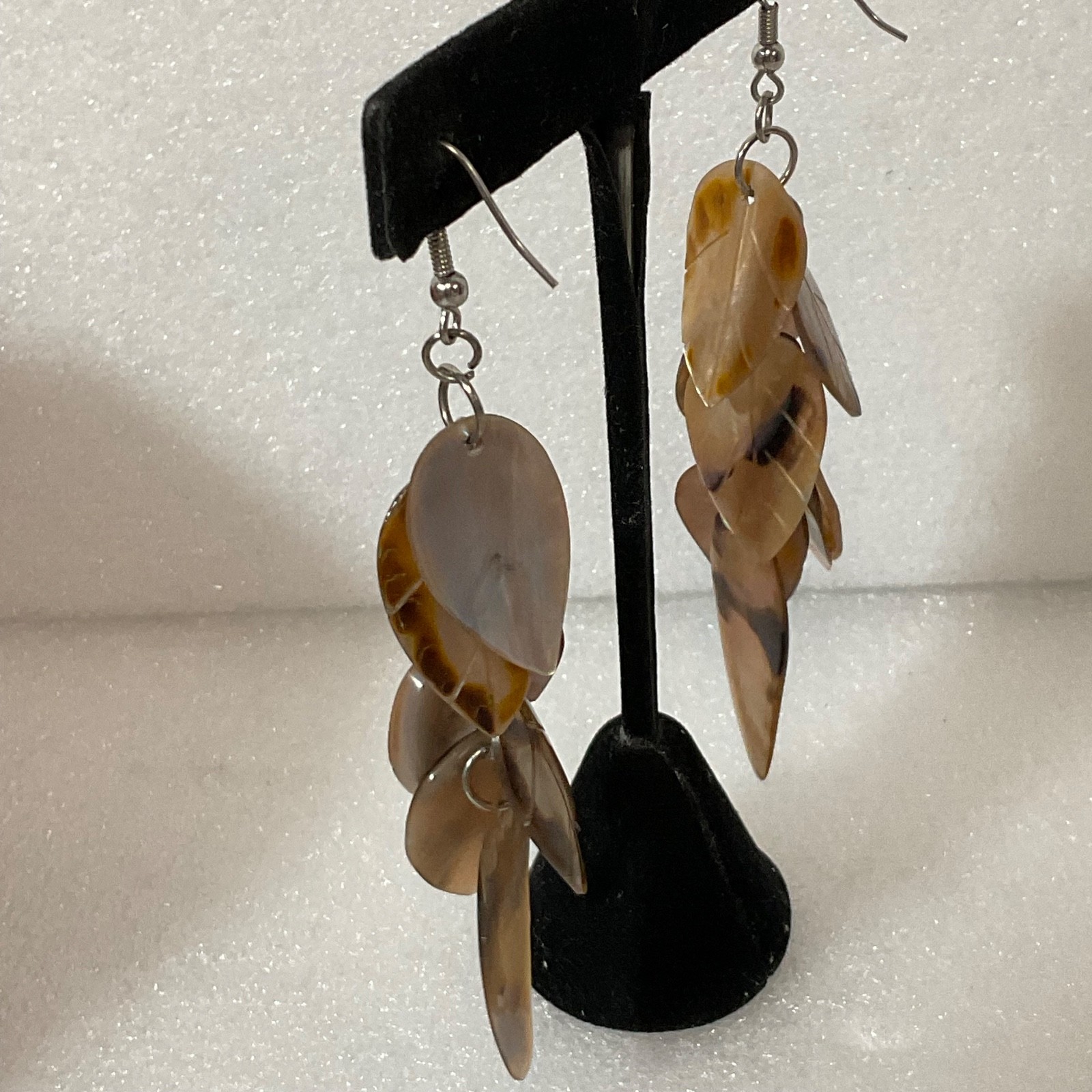 3.25in Brown Mother of Pearl Leaf Dangle Earrings 13.35g Boho Statement Jewelry - Image 3