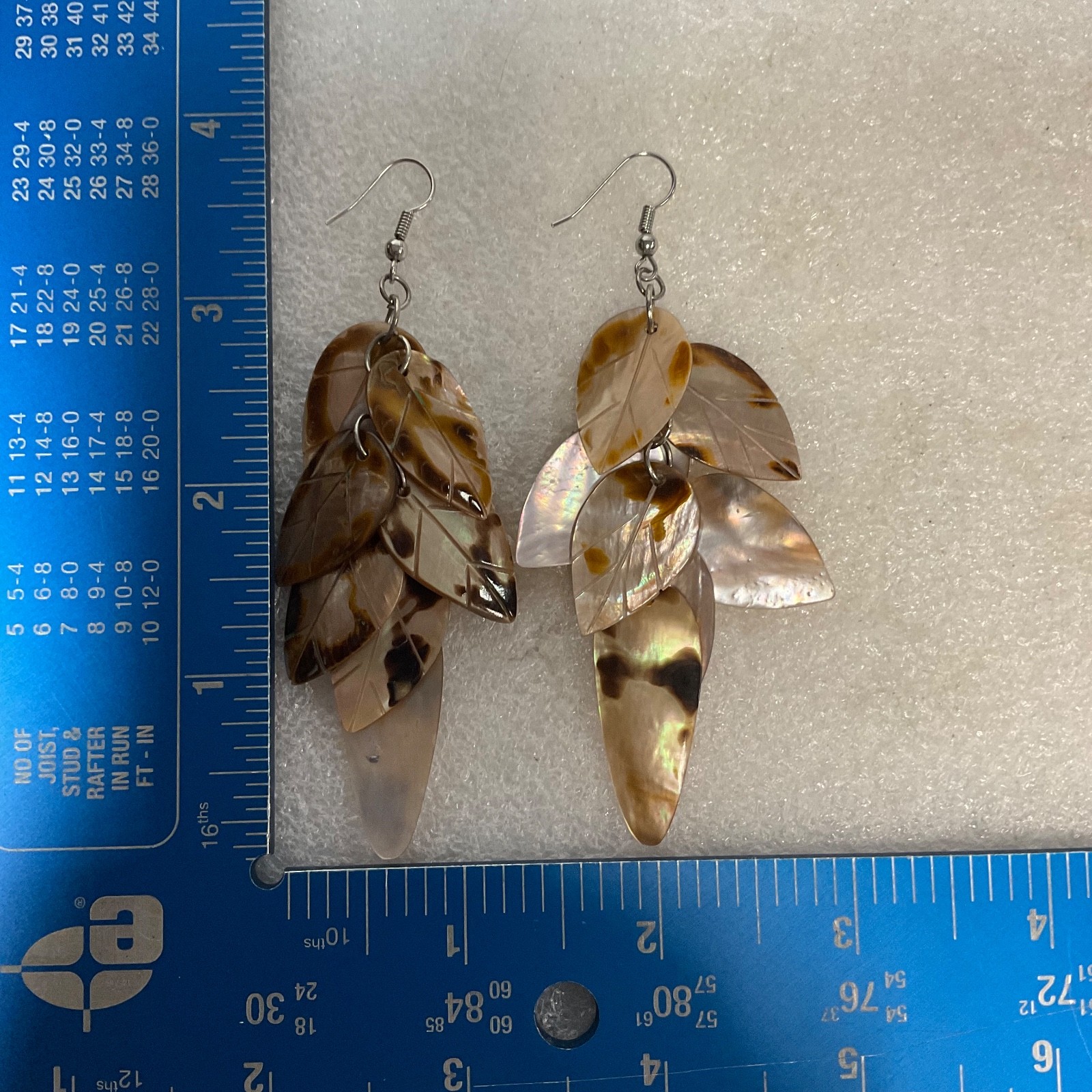3.25in Brown Mother of Pearl Leaf Dangle Earrings 13.35g Boho Statement Jewelry - Image 11