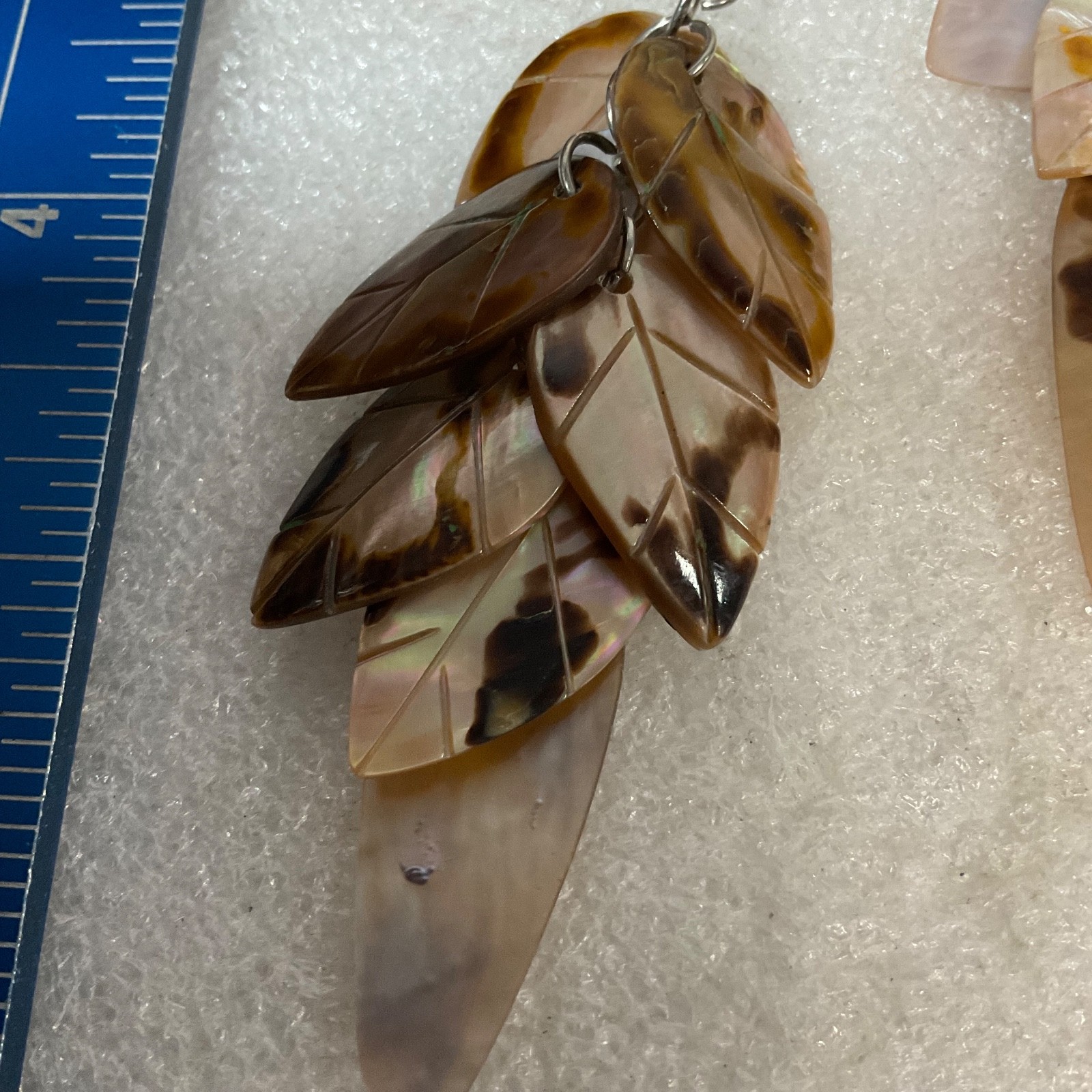 3.25in Brown Mother of Pearl Leaf Dangle Earrings 13.35g Boho Statement Jewelry - Image 13