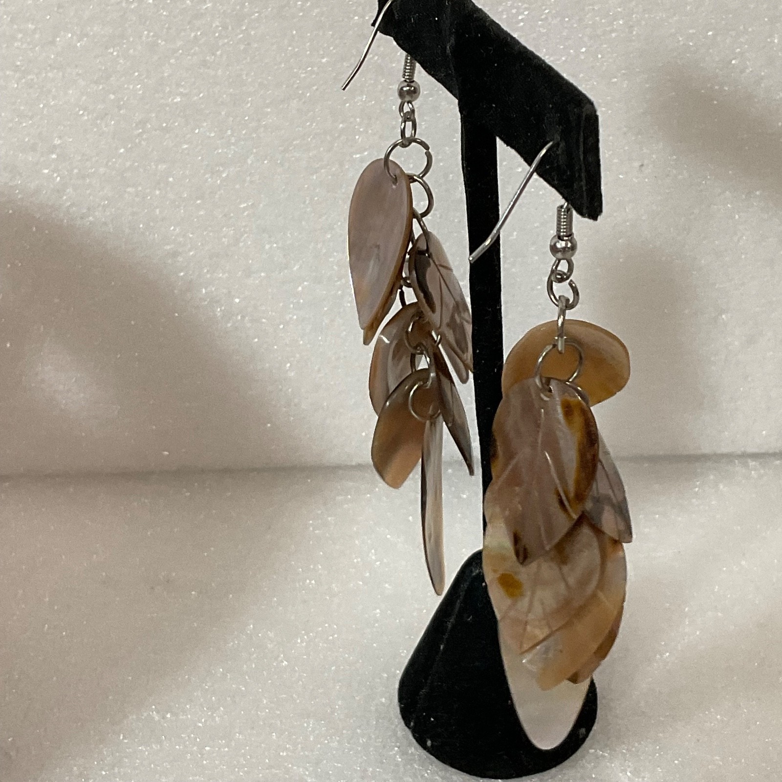 3.25in Brown Mother of Pearl Leaf Dangle Earrings 13.35g Boho Statement Jewelry - Image 5