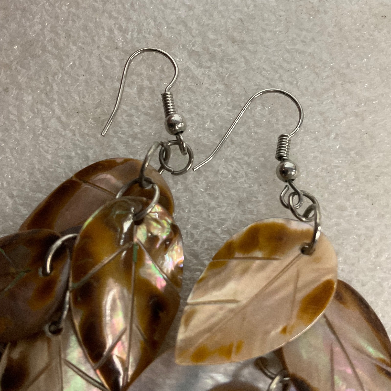 3.25in Brown Mother of Pearl Leaf Dangle Earrings 13.35g Boho Statement Jewelry - Image 14