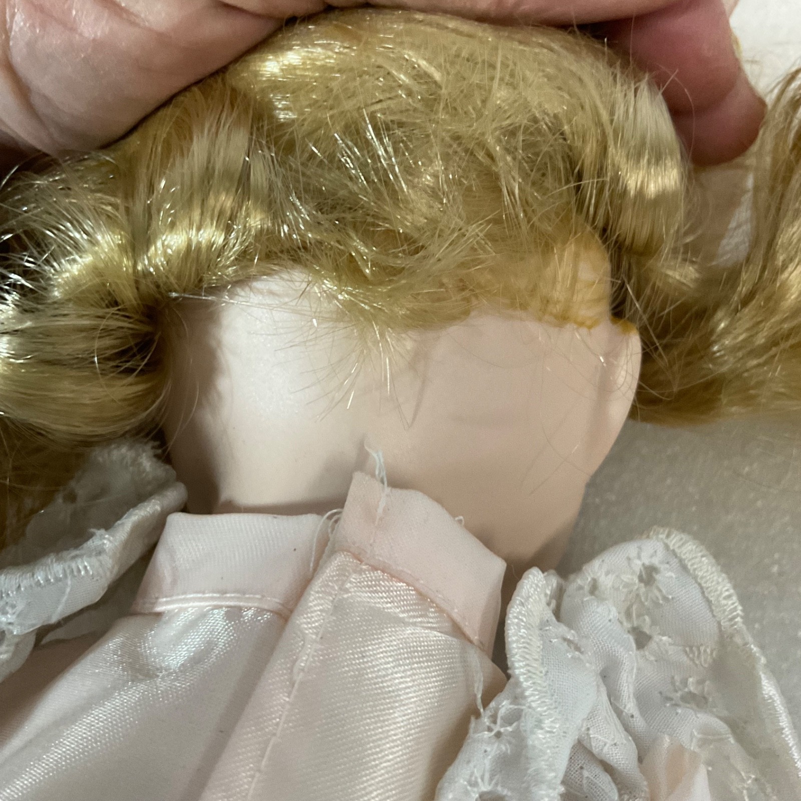 Blonde Blue Eyed Porcelain Doll 15.5in Pink Dress White Lace Bow - Image 11