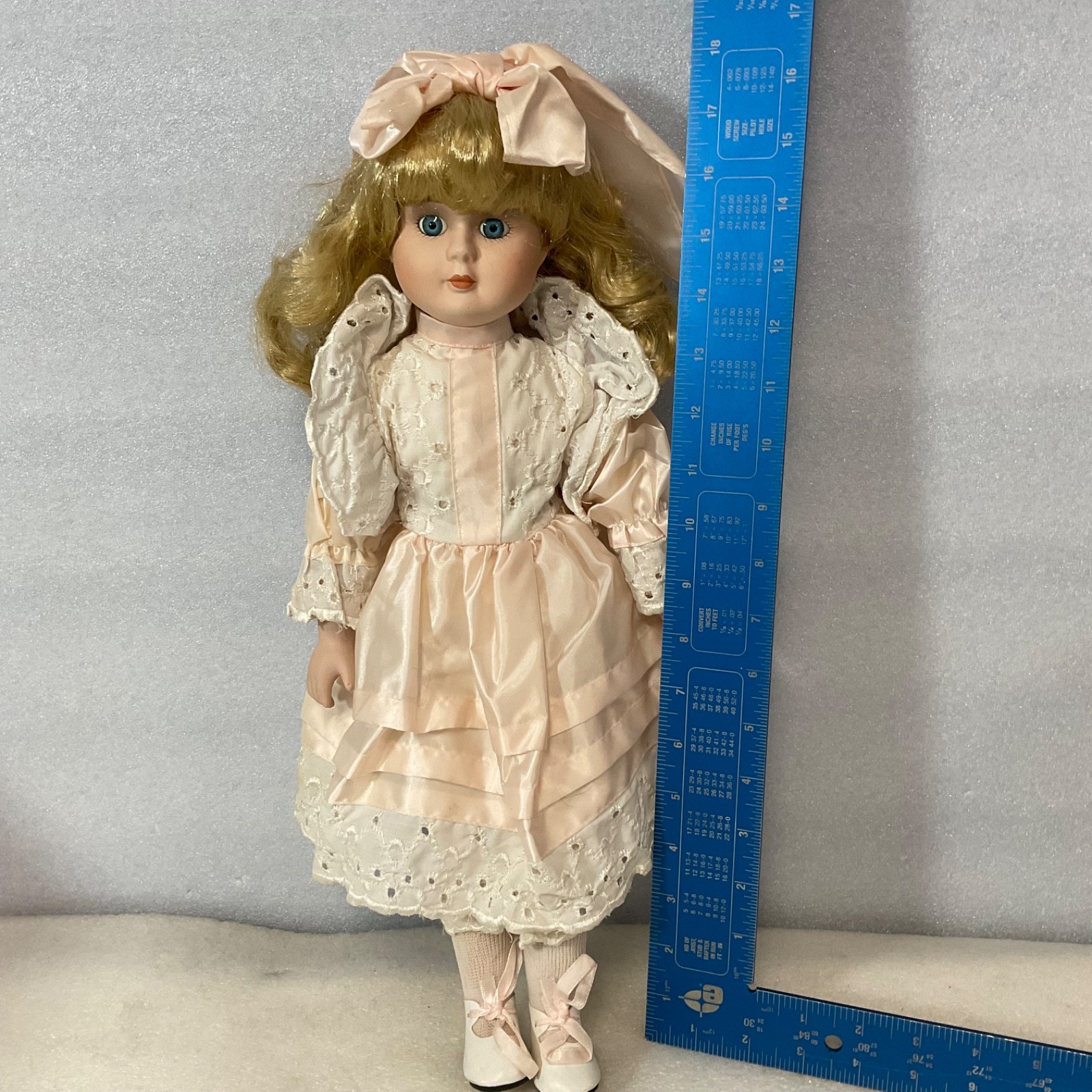 Blonde Blue Eyed Porcelain Doll 15.5in Pink Dress White Lace Bow - Image 16