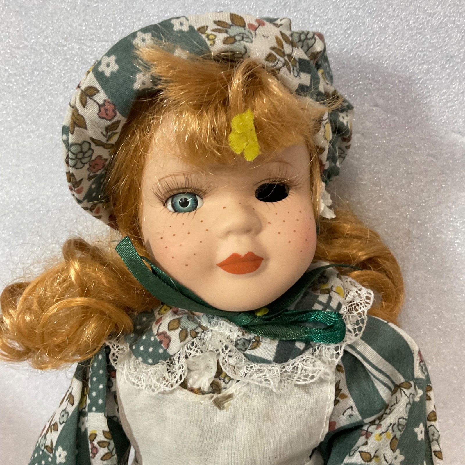 Collectible Doll 15in Red Hair Green Floral Dress Missing Eye - Image 2
