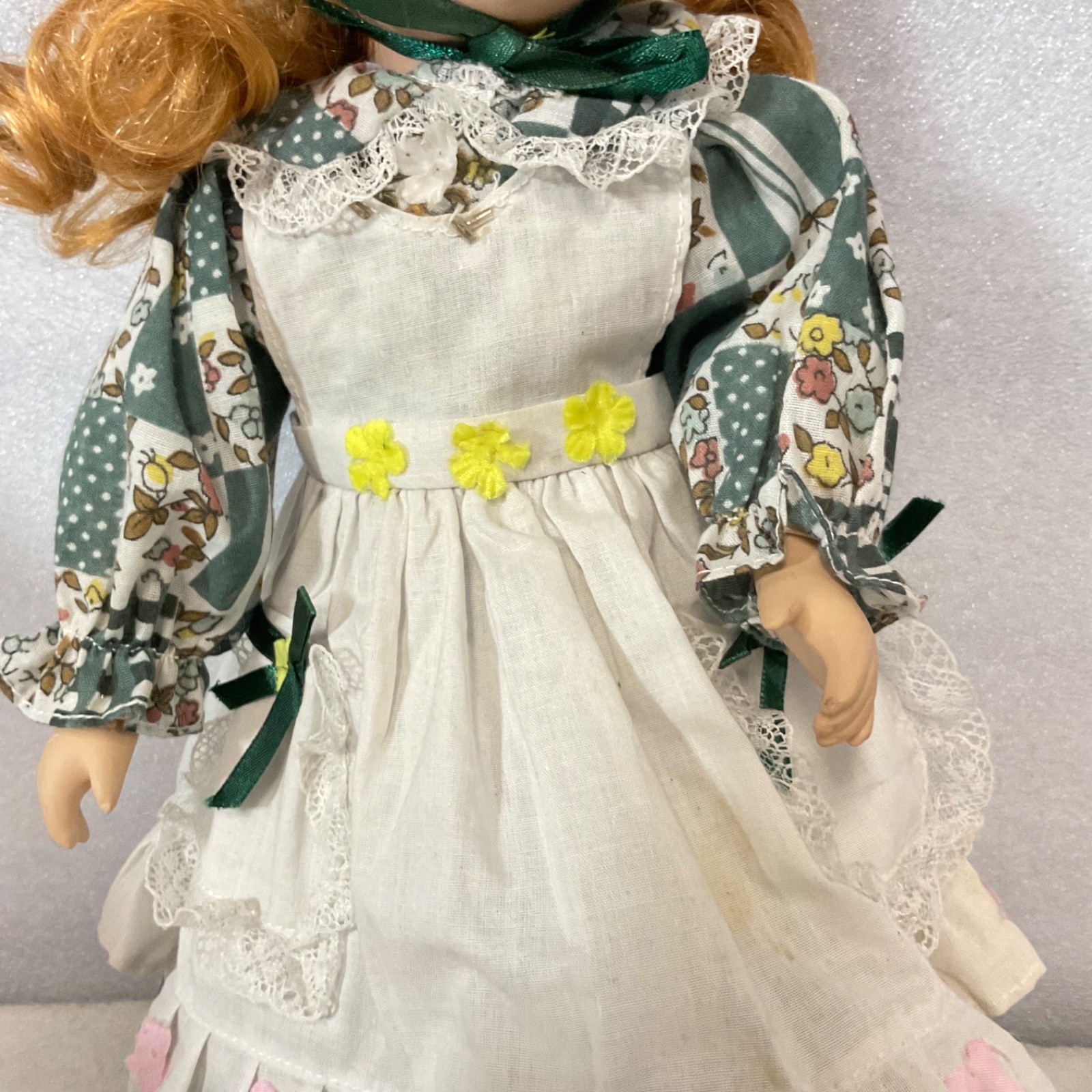 Collectible Doll 15in Red Hair Green Floral Dress Missing Eye - Image 3