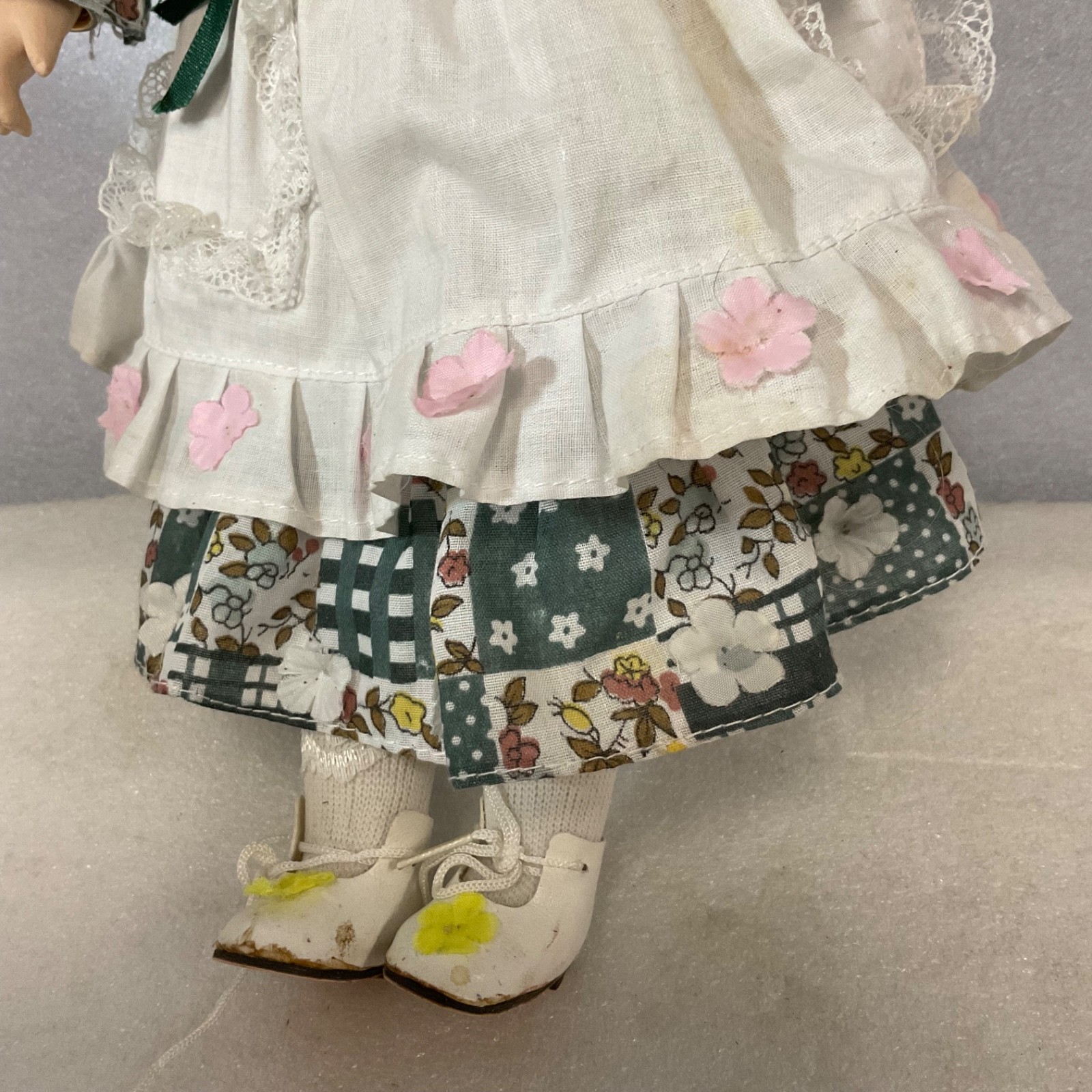 Collectible Doll 15in Red Hair Green Floral Dress Missing Eye - Image 4
