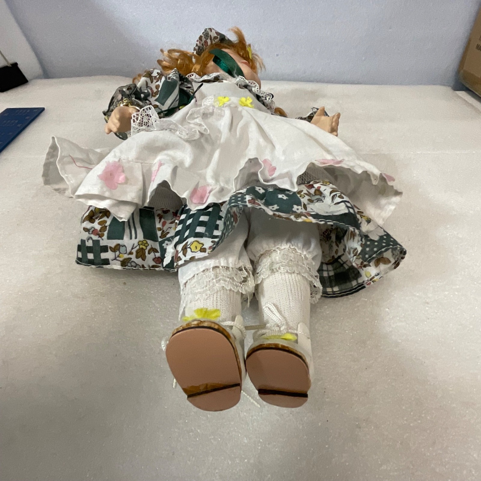 Collectible Doll 15in Red Hair Green Floral Dress Missing Eye - Image 7