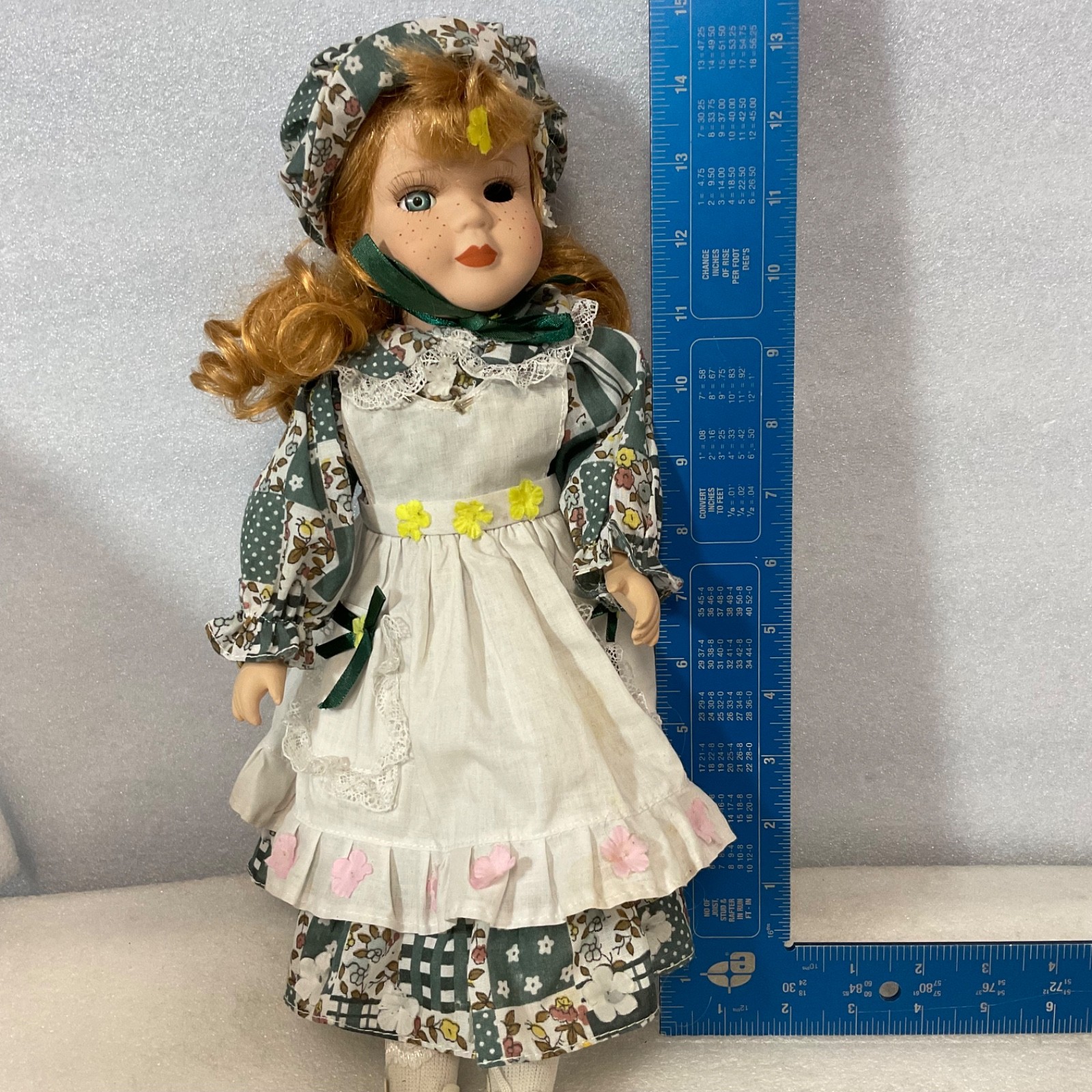 Collectible Doll 15in Red Hair Green Floral Dress Missing Eye - Image 5