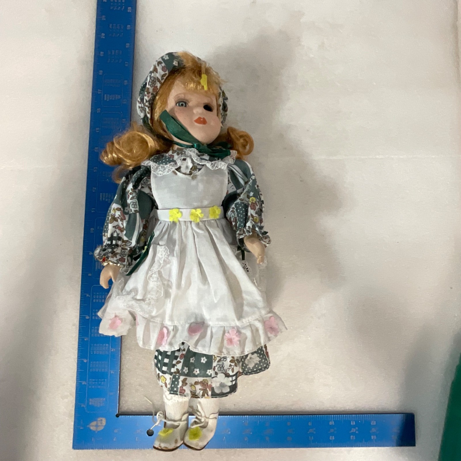 Collectible Doll 15in Red Hair Green Floral Dress Missing Eye - Image 6