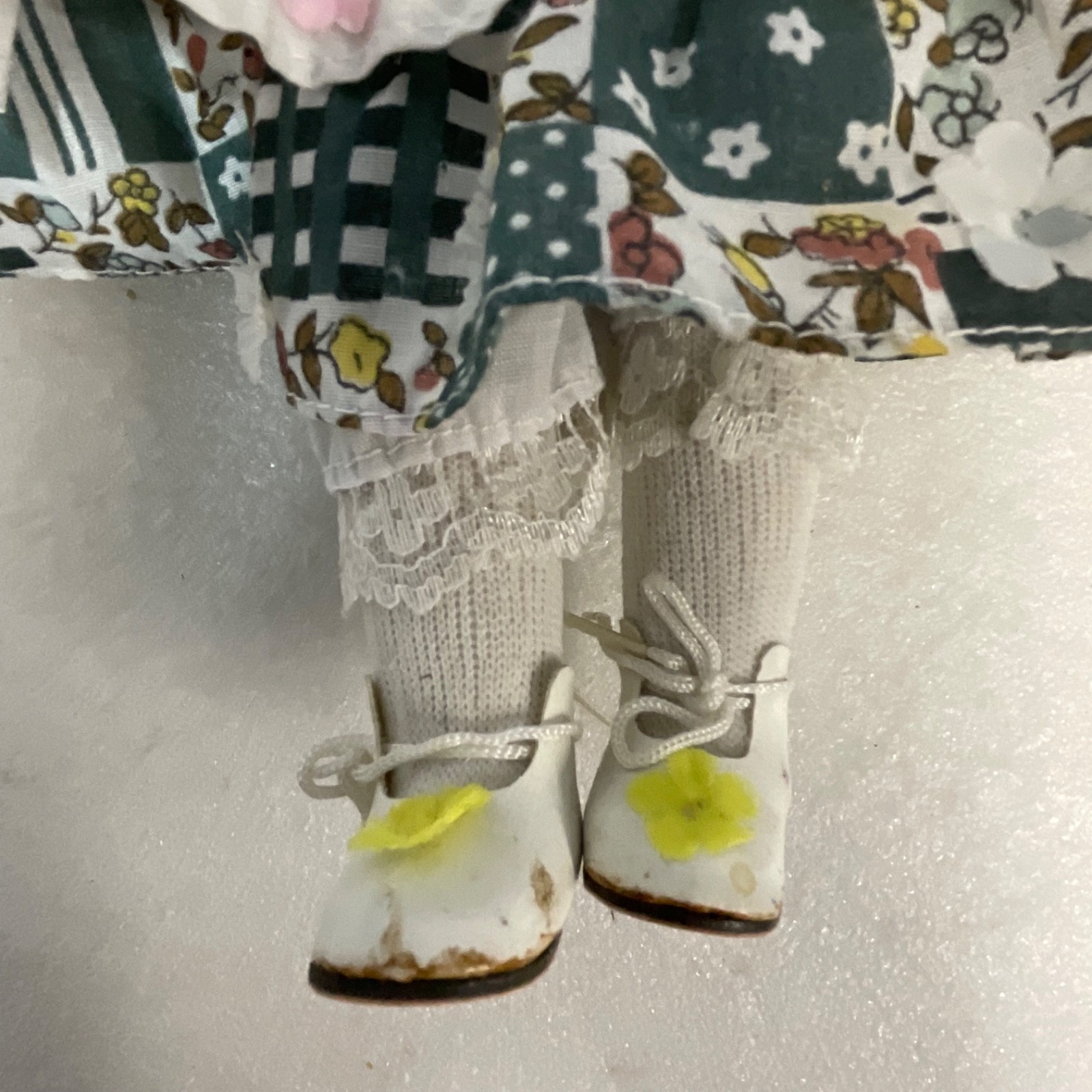 Collectible Doll 15in Red Hair Green Floral Dress Missing Eye - Image 8