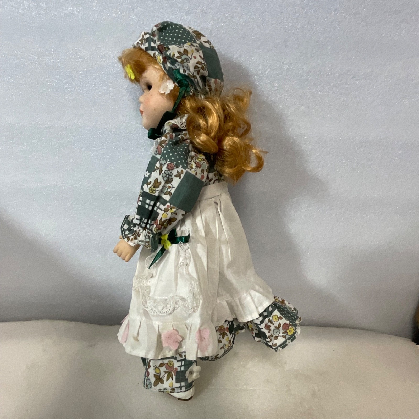 Collectible Doll 15in Red Hair Green Floral Dress Missing Eye - Image 9
