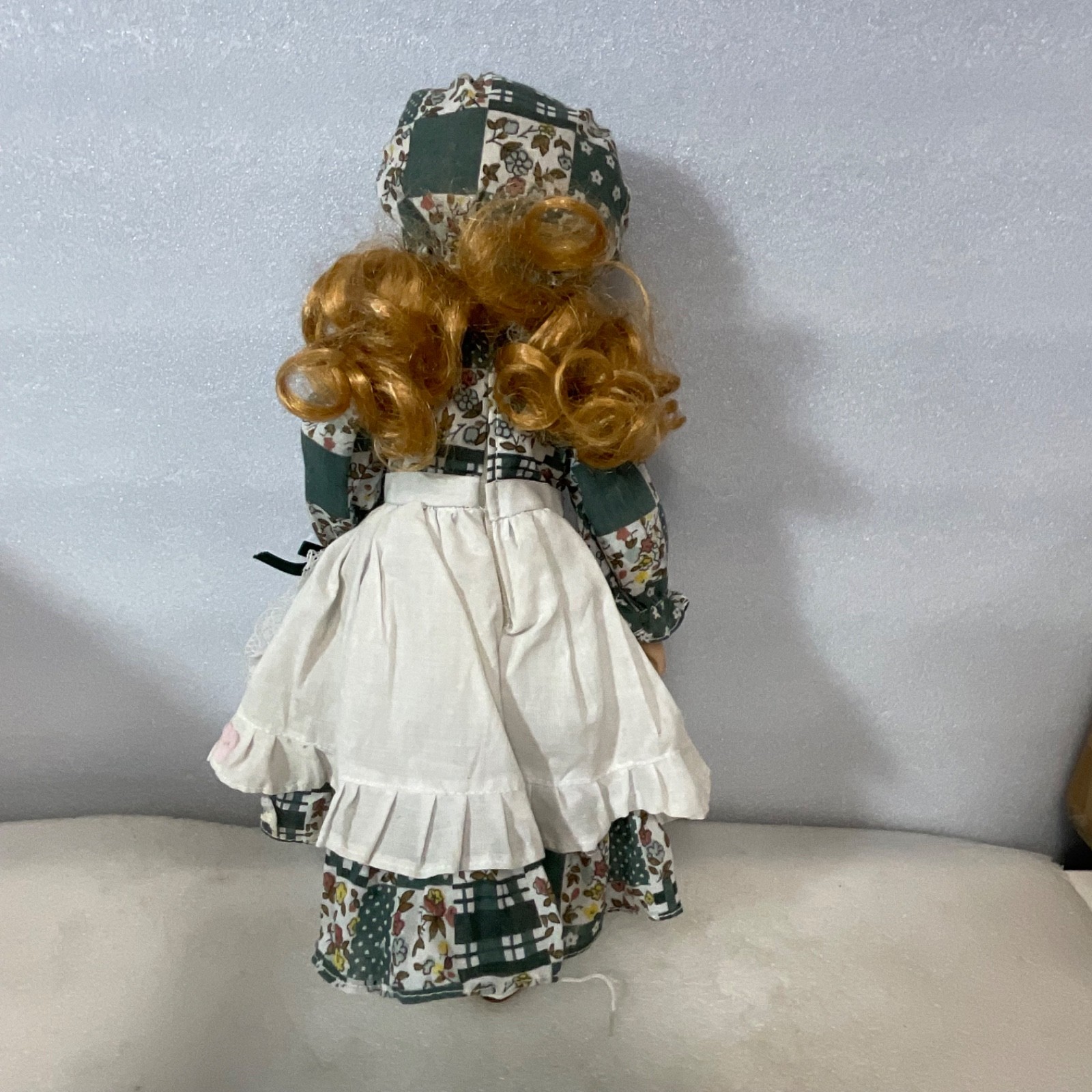 Collectible Doll 15in Red Hair Green Floral Dress Missing Eye - Image 10