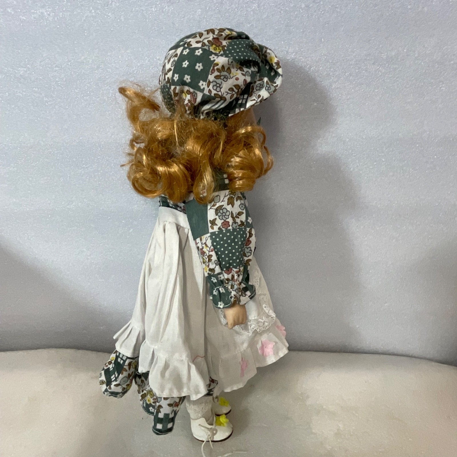 Collectible Doll 15in Red Hair Green Floral Dress Missing Eye - Image 11