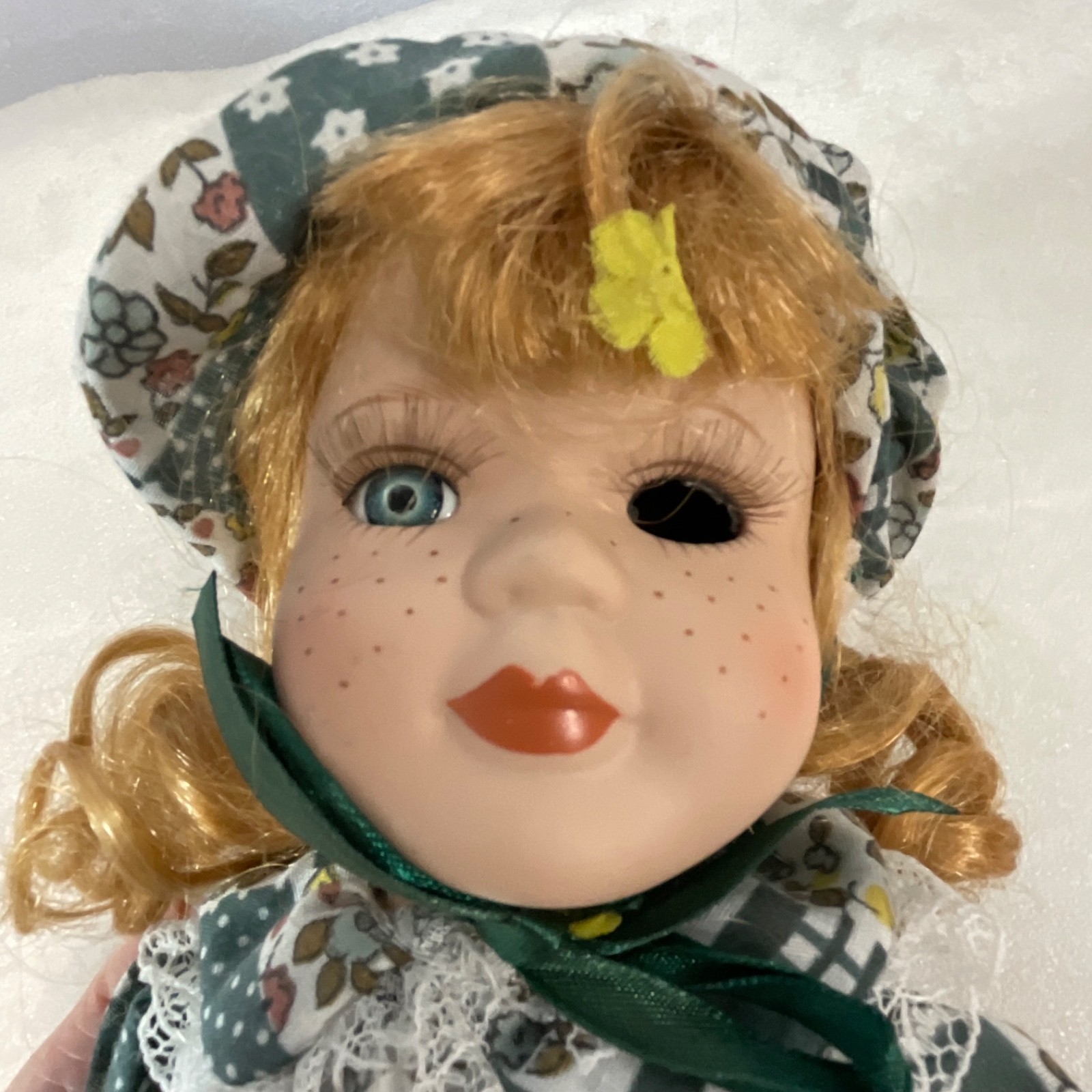 Collectible Doll 15in Red Hair Green Floral Dress Missing Eye - Image 12