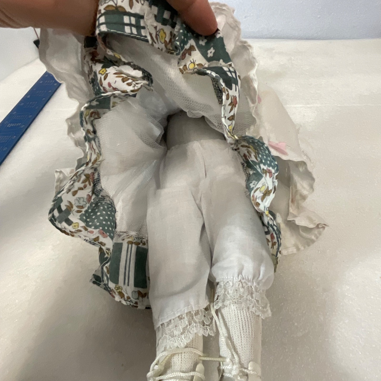 Collectible Doll 15in Red Hair Green Floral Dress Missing Eye - Image 15