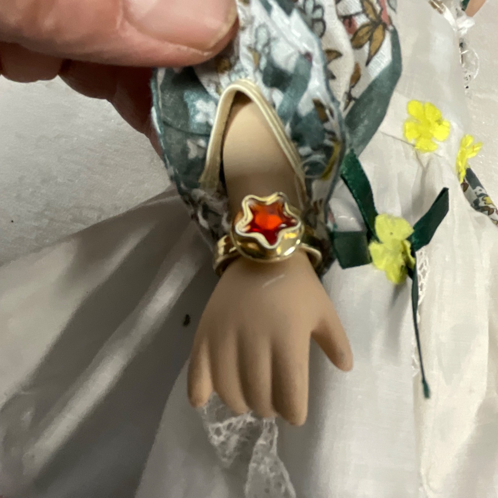 Collectible Doll 15in Red Hair Green Floral Dress Missing Eye - Image 17