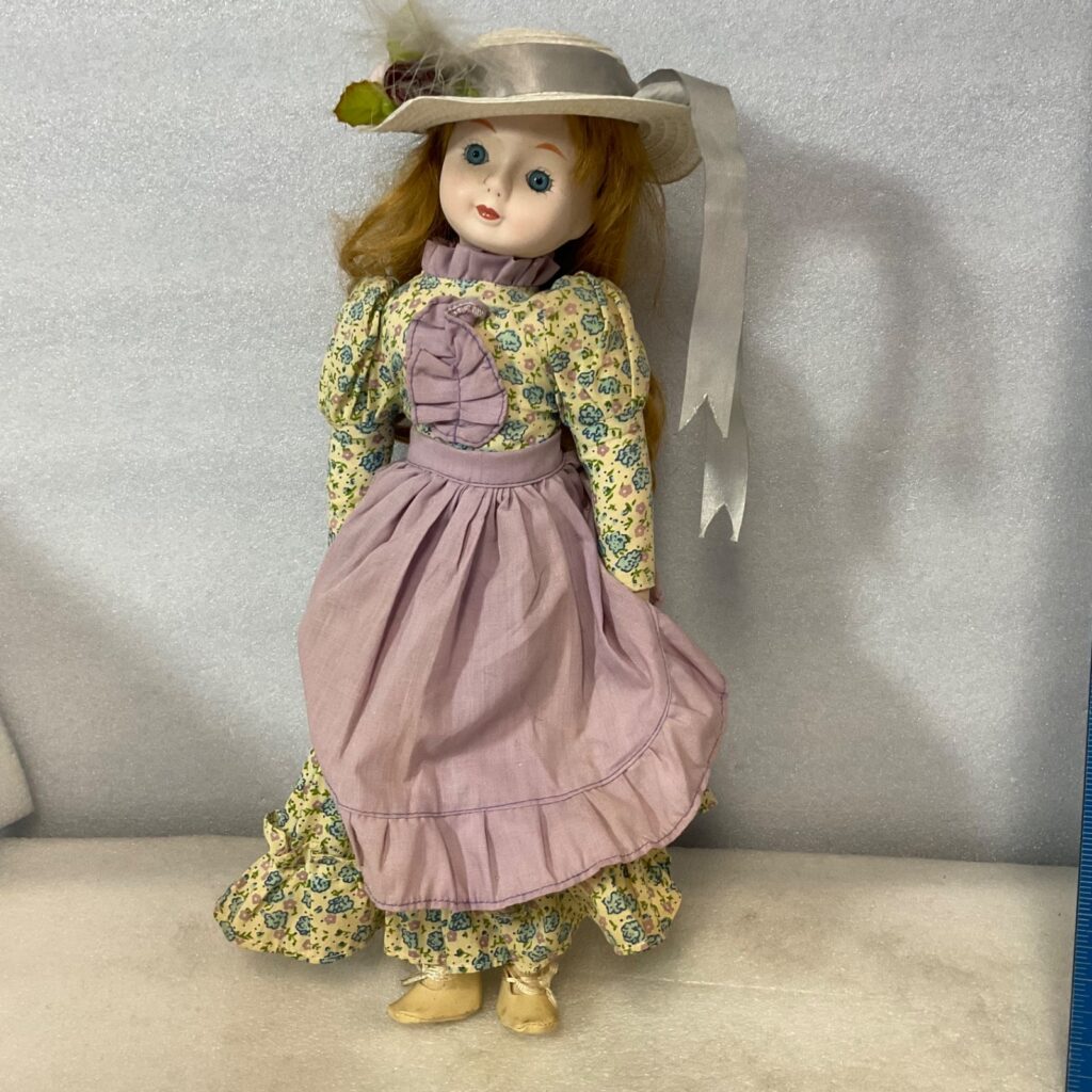 Porcelain Doll 16in Floral Dress Lavender Apron White Hat Blue Eyes - Image 1