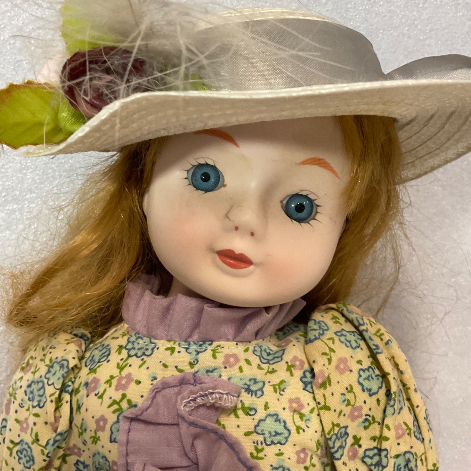 Porcelain Doll 16in Floral Dress Lavender Apron White Hat Blue Eyes - Image 3