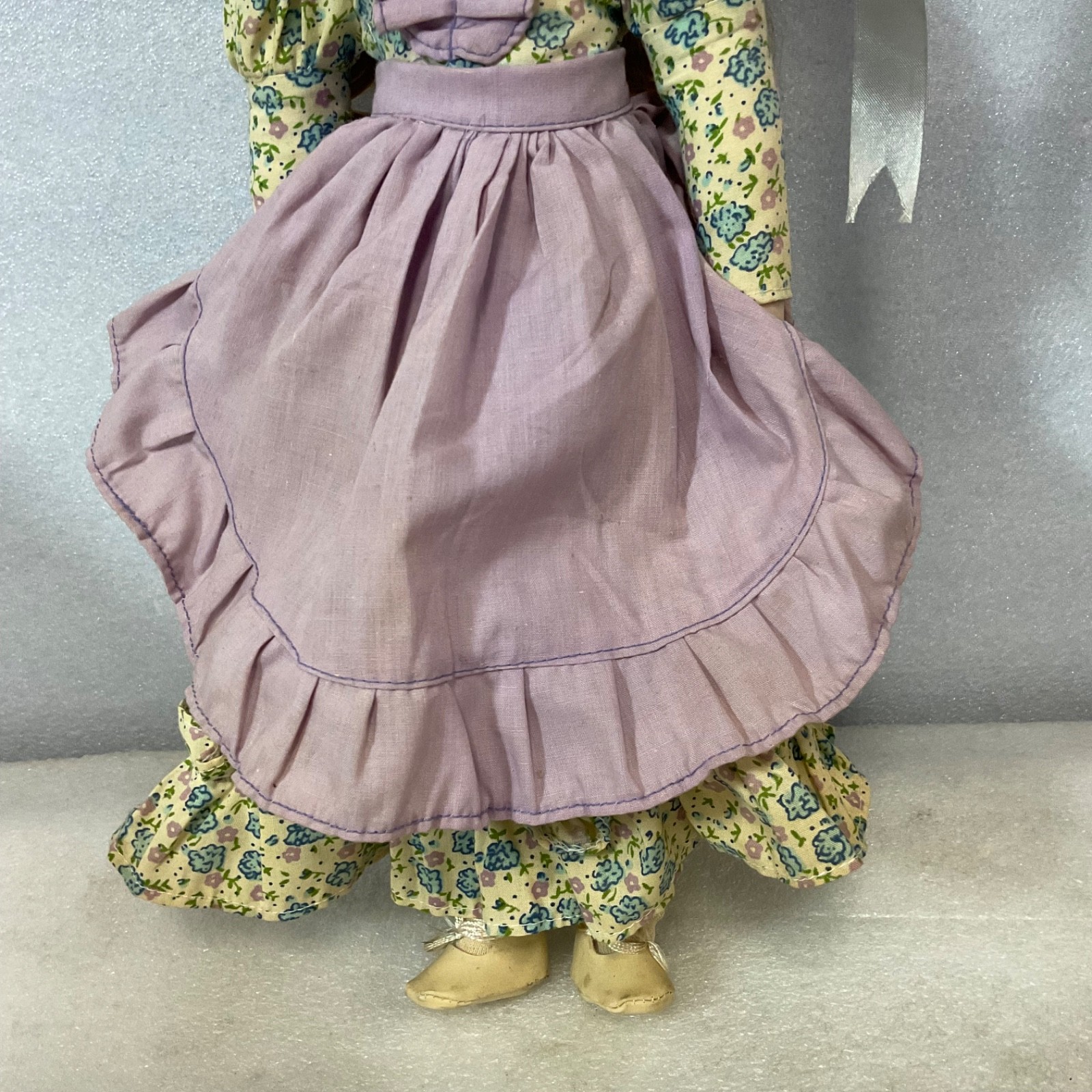 Porcelain Doll 16in Floral Dress Lavender Apron White Hat Blue Eyes - Image 4