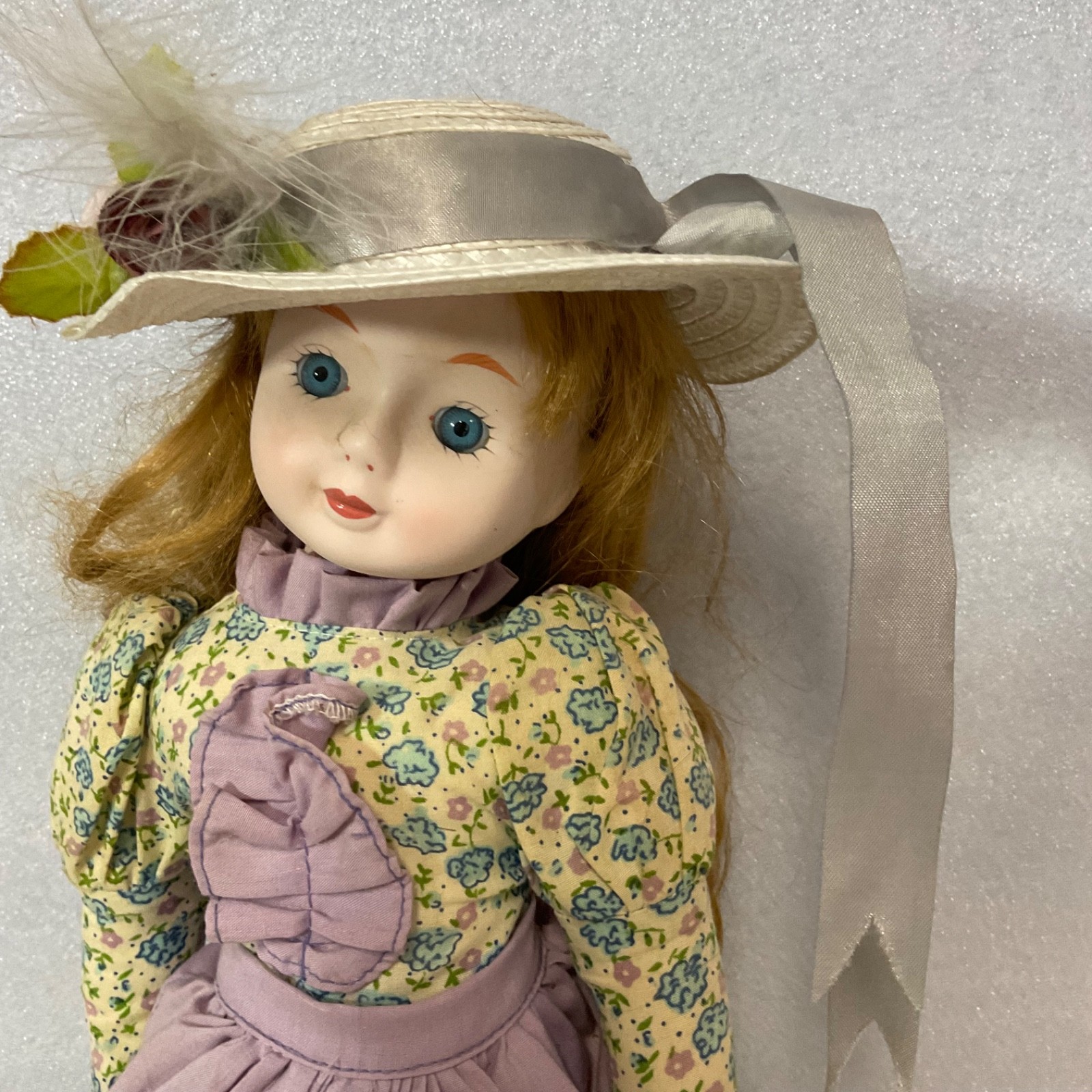 Porcelain Doll 16in Floral Dress Lavender Apron White Hat Blue Eyes - Image 2