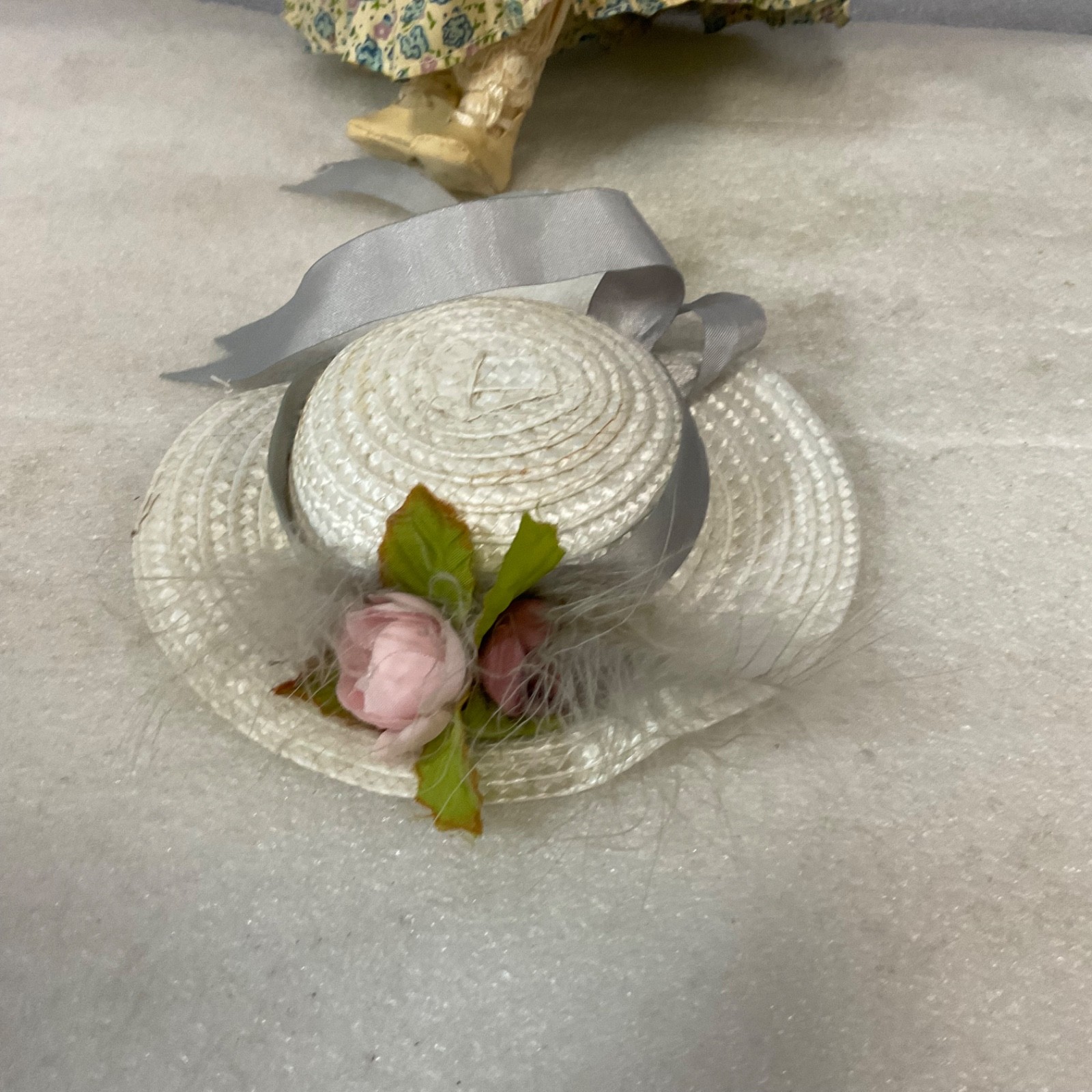Porcelain Doll 16in Floral Dress Lavender Apron White Hat Blue Eyes - Image 5