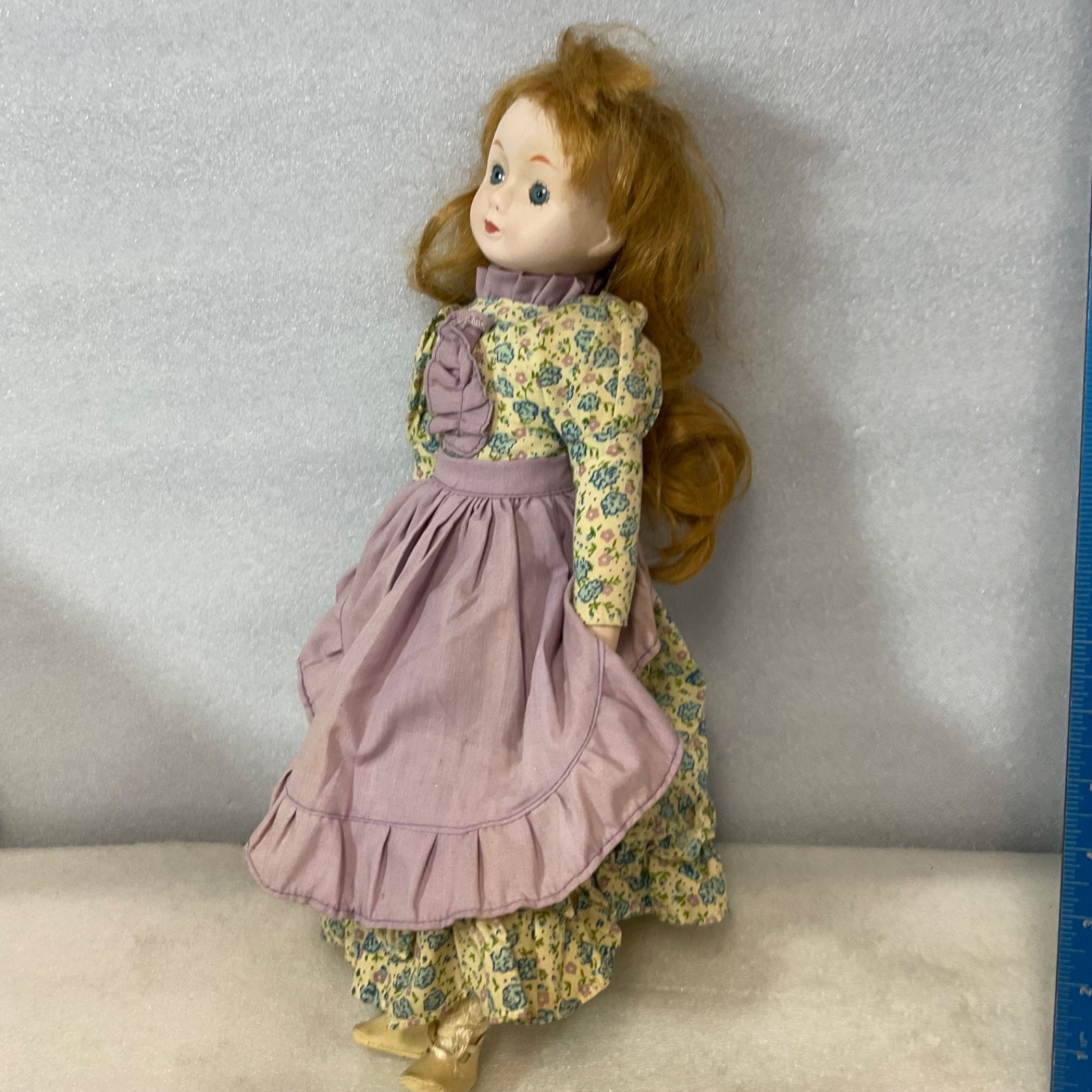 Porcelain Doll 16in Floral Dress Lavender Apron White Hat Blue Eyes - Image 7