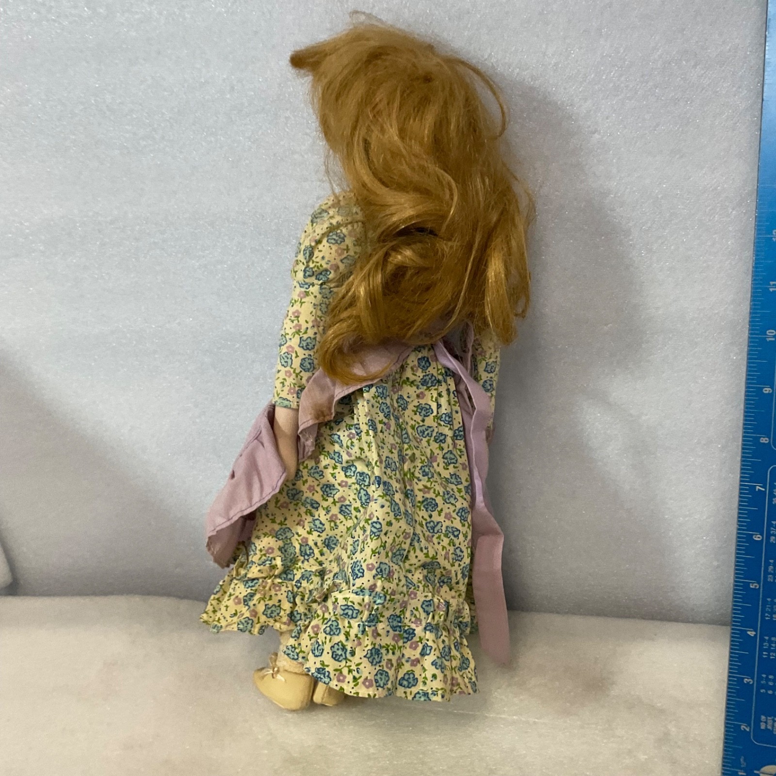 Porcelain Doll 16in Floral Dress Lavender Apron White Hat Blue Eyes - Image 9