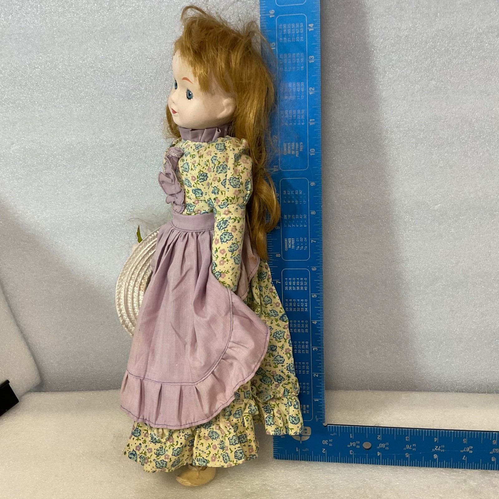 Porcelain Doll 16in Floral Dress Lavender Apron White Hat Blue Eyes - Image 12