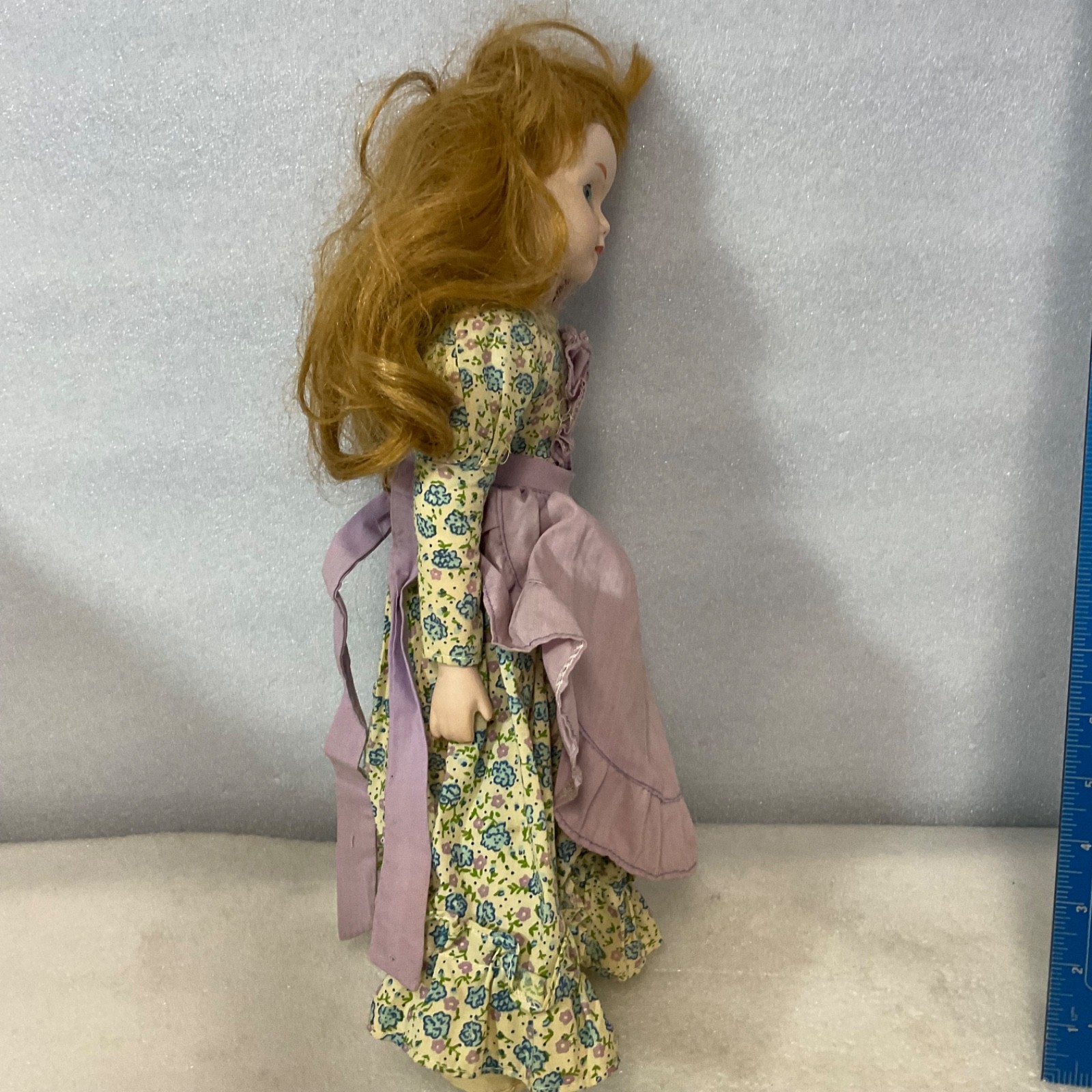 Porcelain Doll 16in Floral Dress Lavender Apron White Hat Blue Eyes - Image 10