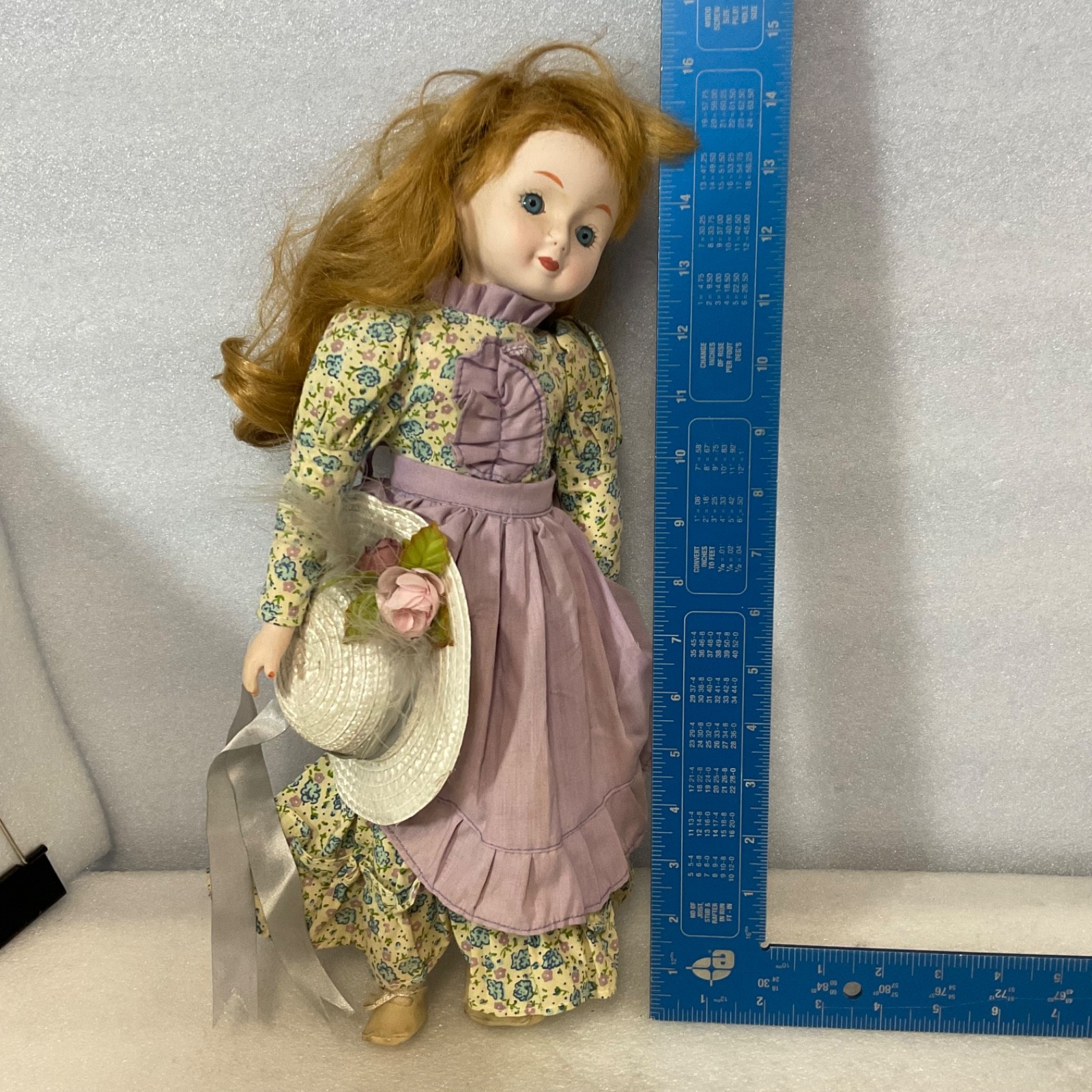 Porcelain Doll 16in Floral Dress Lavender Apron White Hat Blue Eyes - Image 11